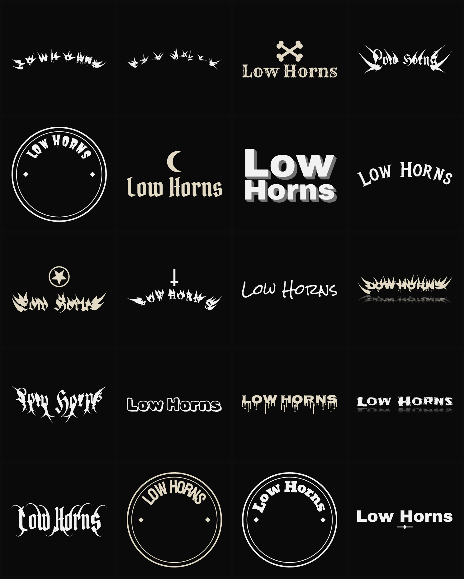 Twenty Low Horns band logo ideas — different faces, treatments and spike settings