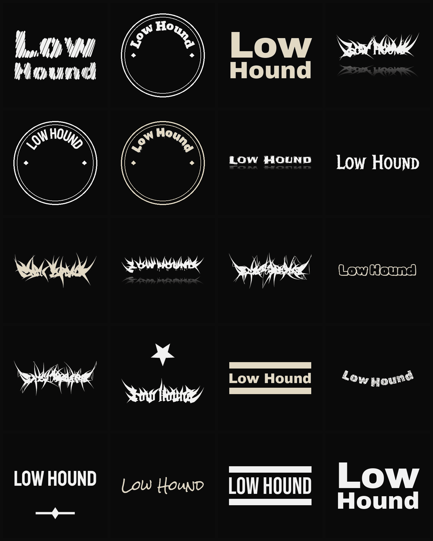Twenty Low Hound band logo ideas — different faces, treatments and spike settings