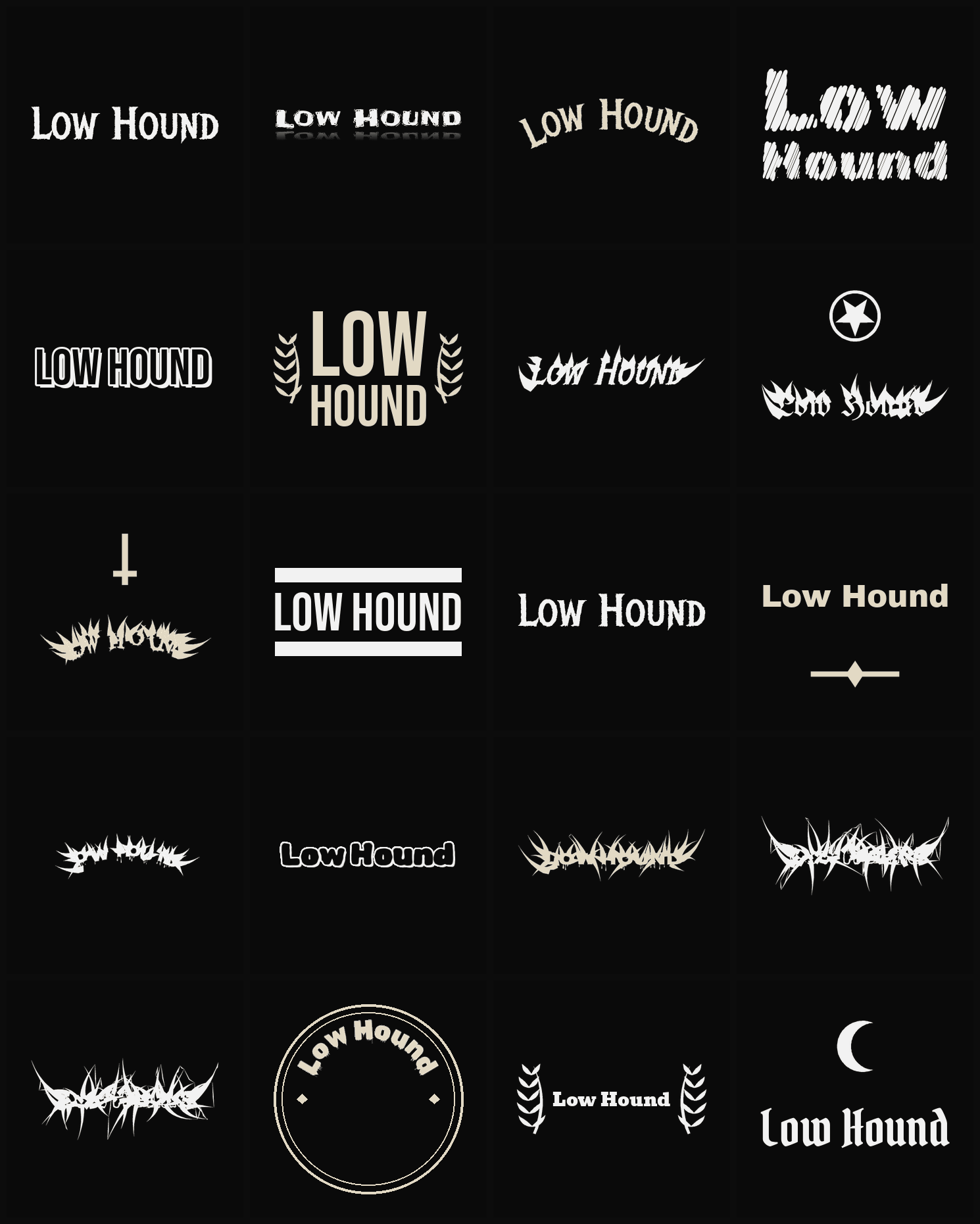 Twenty Low Hound band logo ideas — different faces, treatments and spike settings