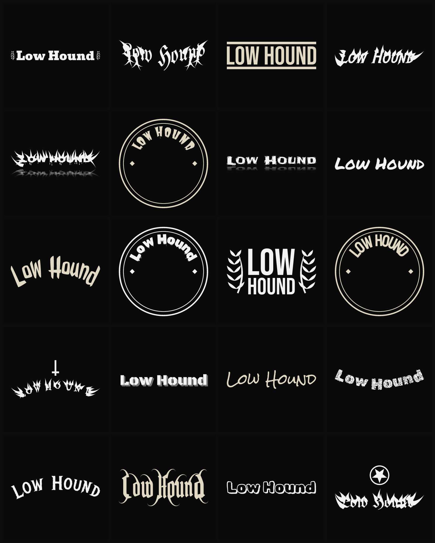 Twenty Low Hound band logo ideas — different faces, treatments and spike settings