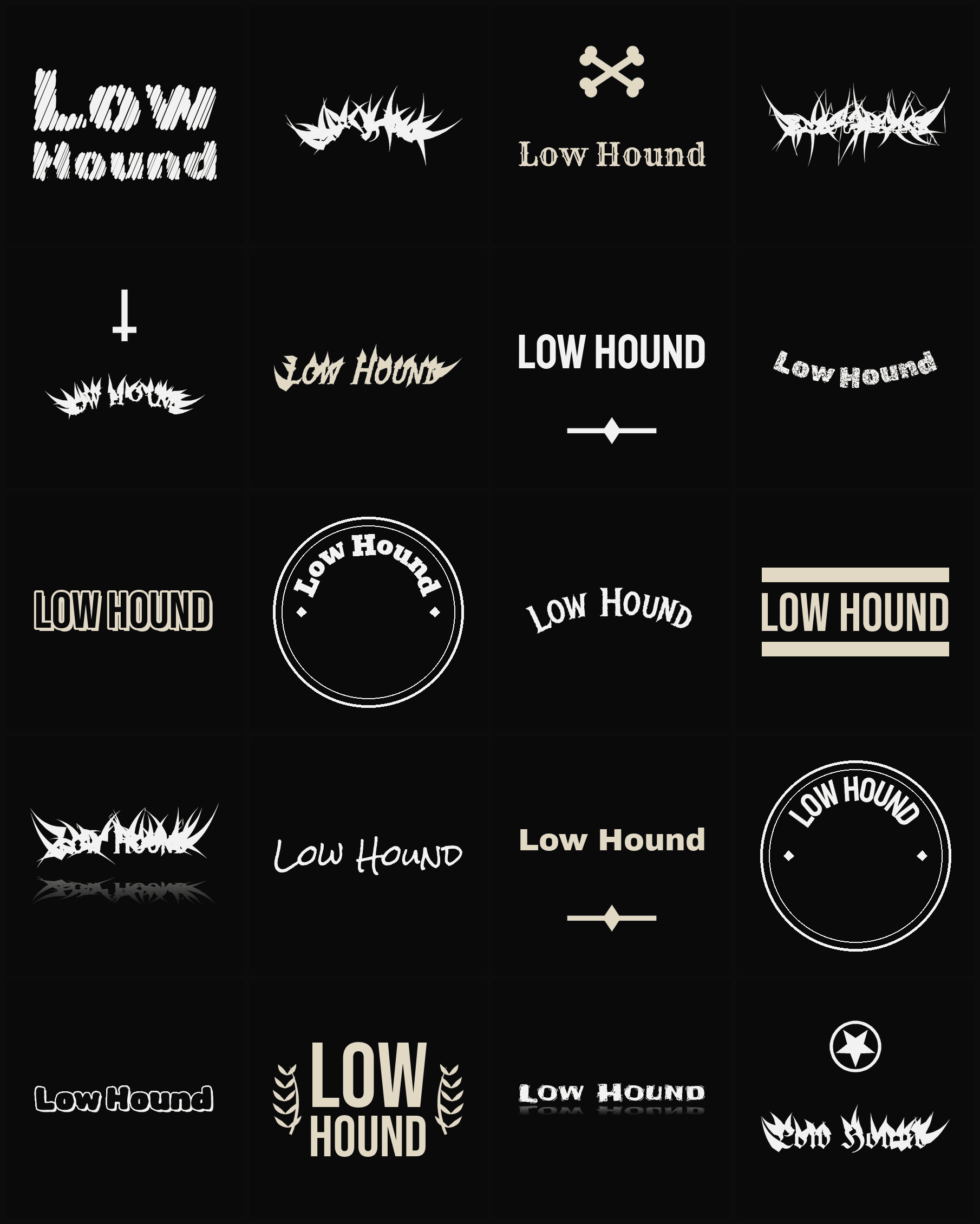 Twenty Low Hound band logo ideas — different faces, treatments and spike settings