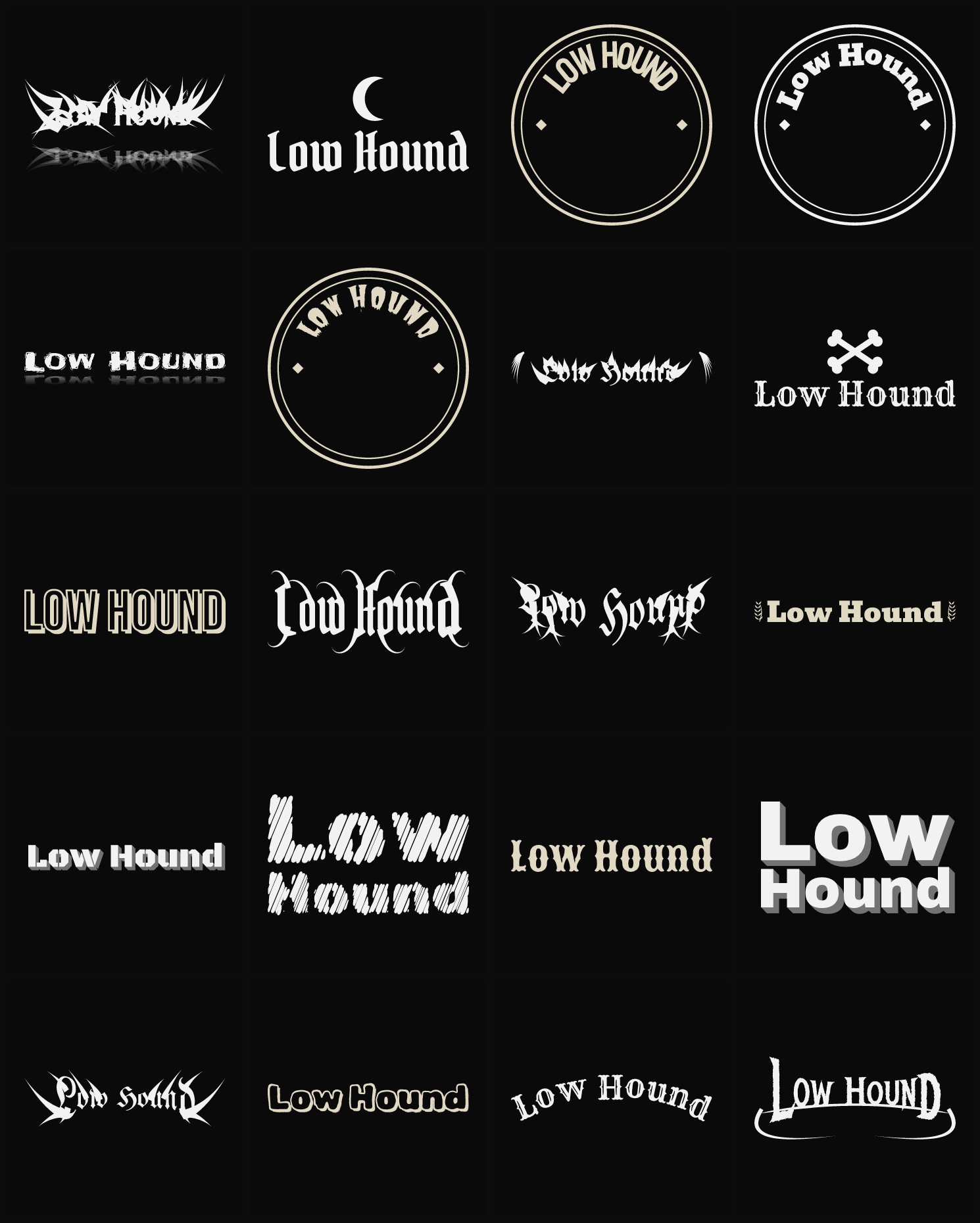 Twenty Low Hound band logo ideas — different faces, treatments and spike settings