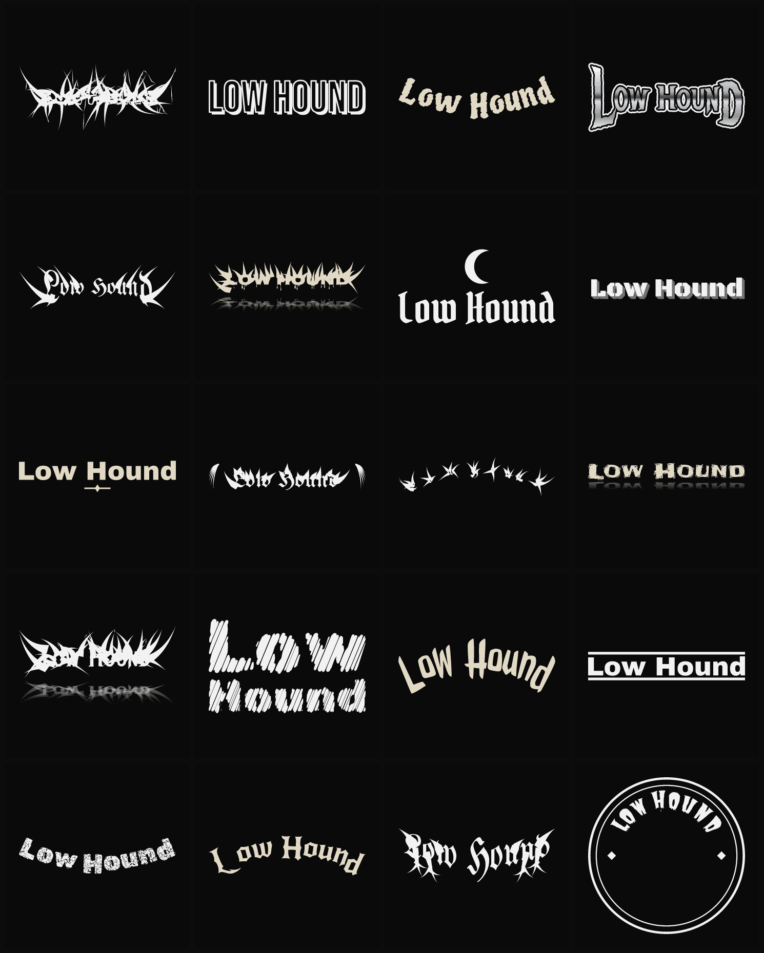 Twenty Low Hound band logo ideas — different faces, treatments and spike settings