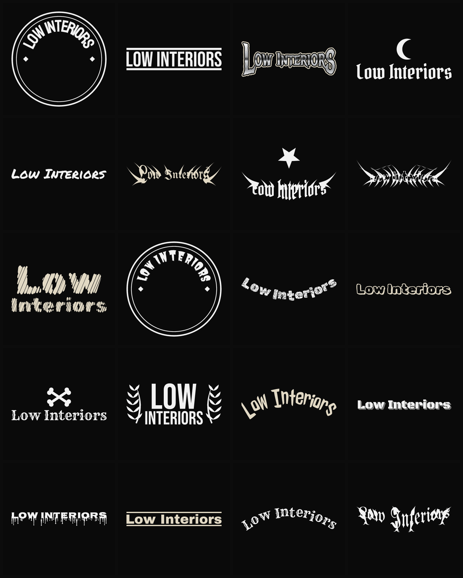 Twenty Low Interiors band logo ideas — different faces, treatments and spike settings