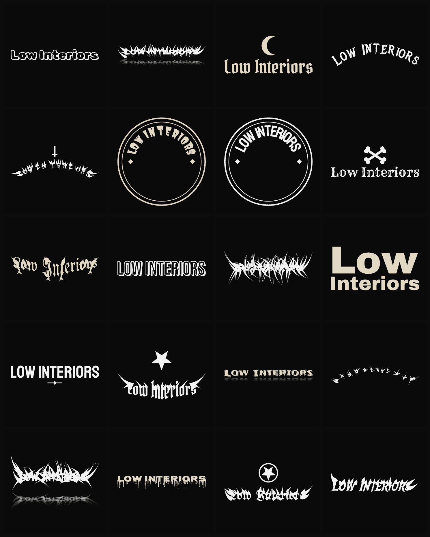 Twenty Low Interiors band logo ideas — different faces, treatments and spike settings