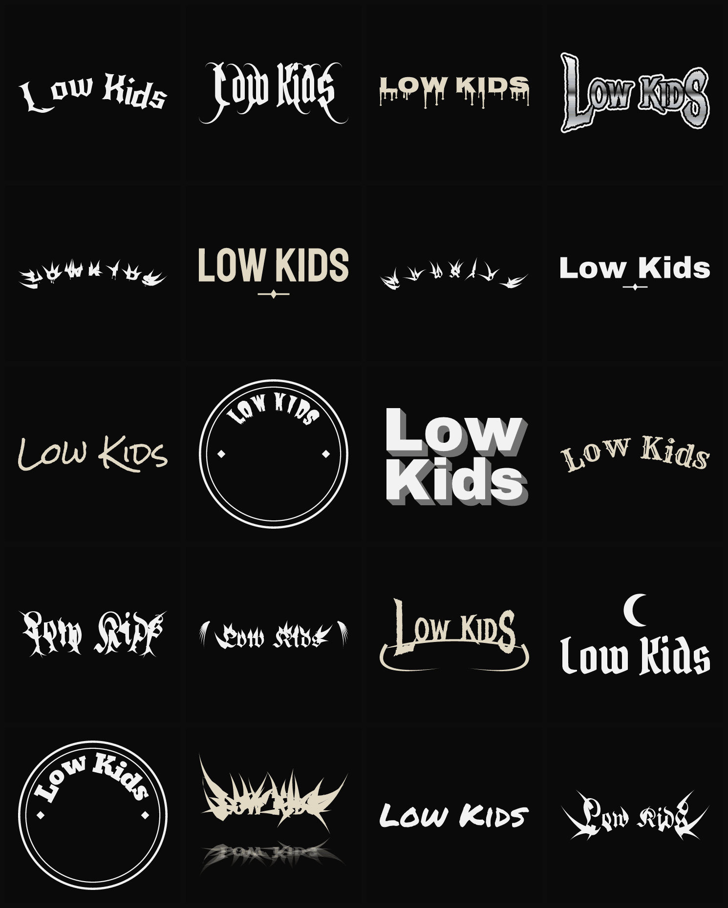 Twenty Low Kids band logo ideas — different faces, treatments and spike settings