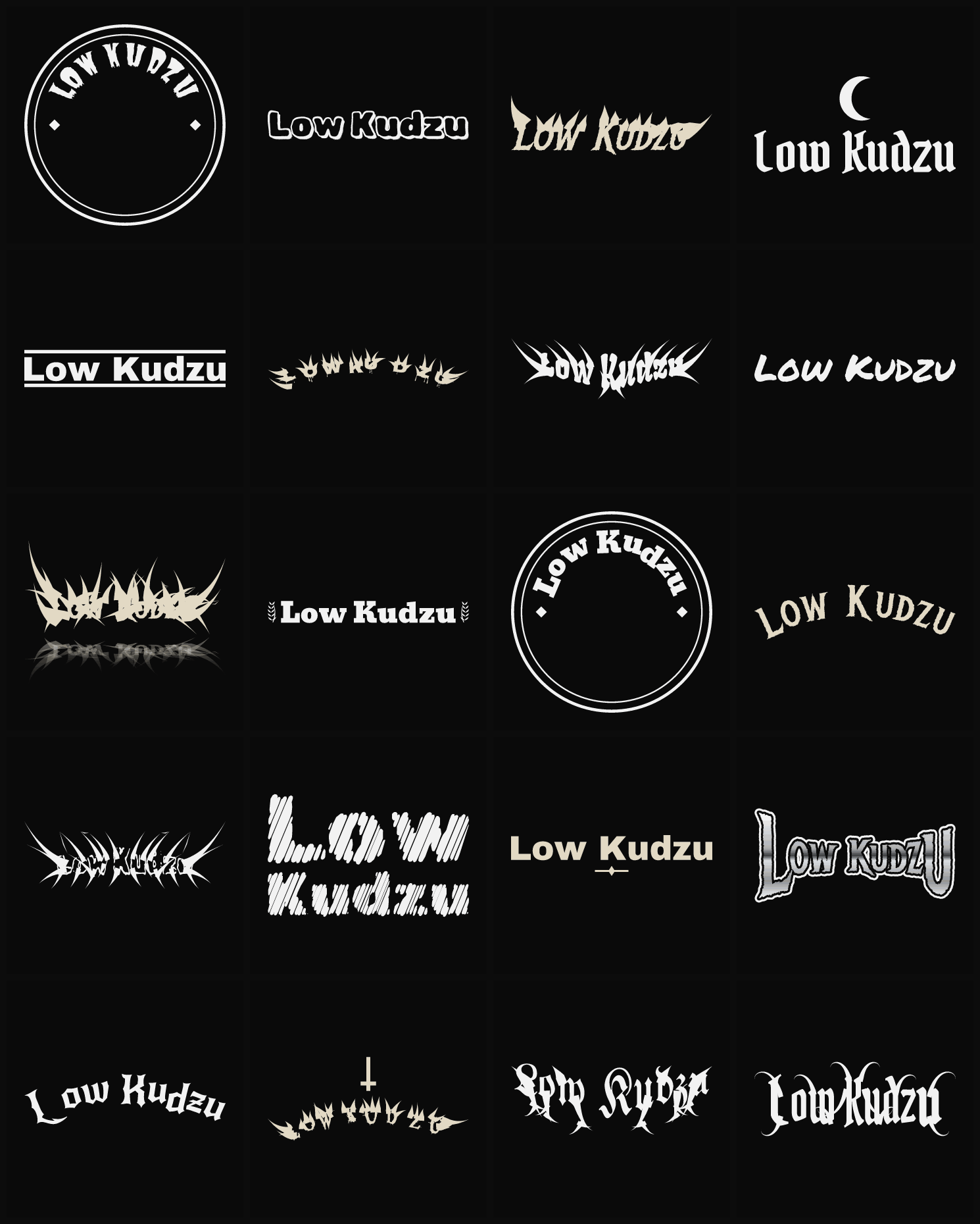 Twenty Low Kudzu band logo ideas — different faces, treatments and spike settings