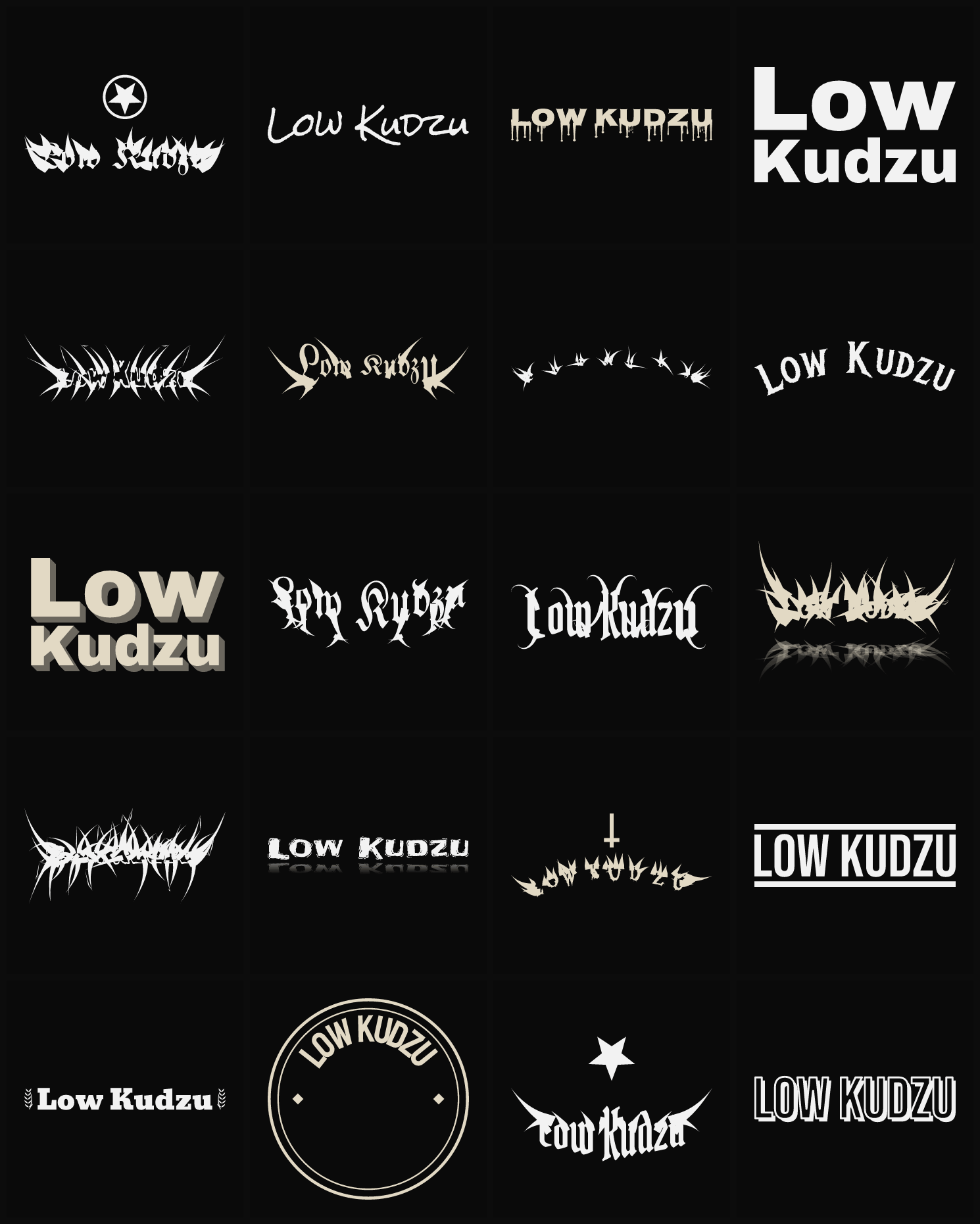 Twenty Low Kudzu band logo ideas — different faces, treatments and spike settings