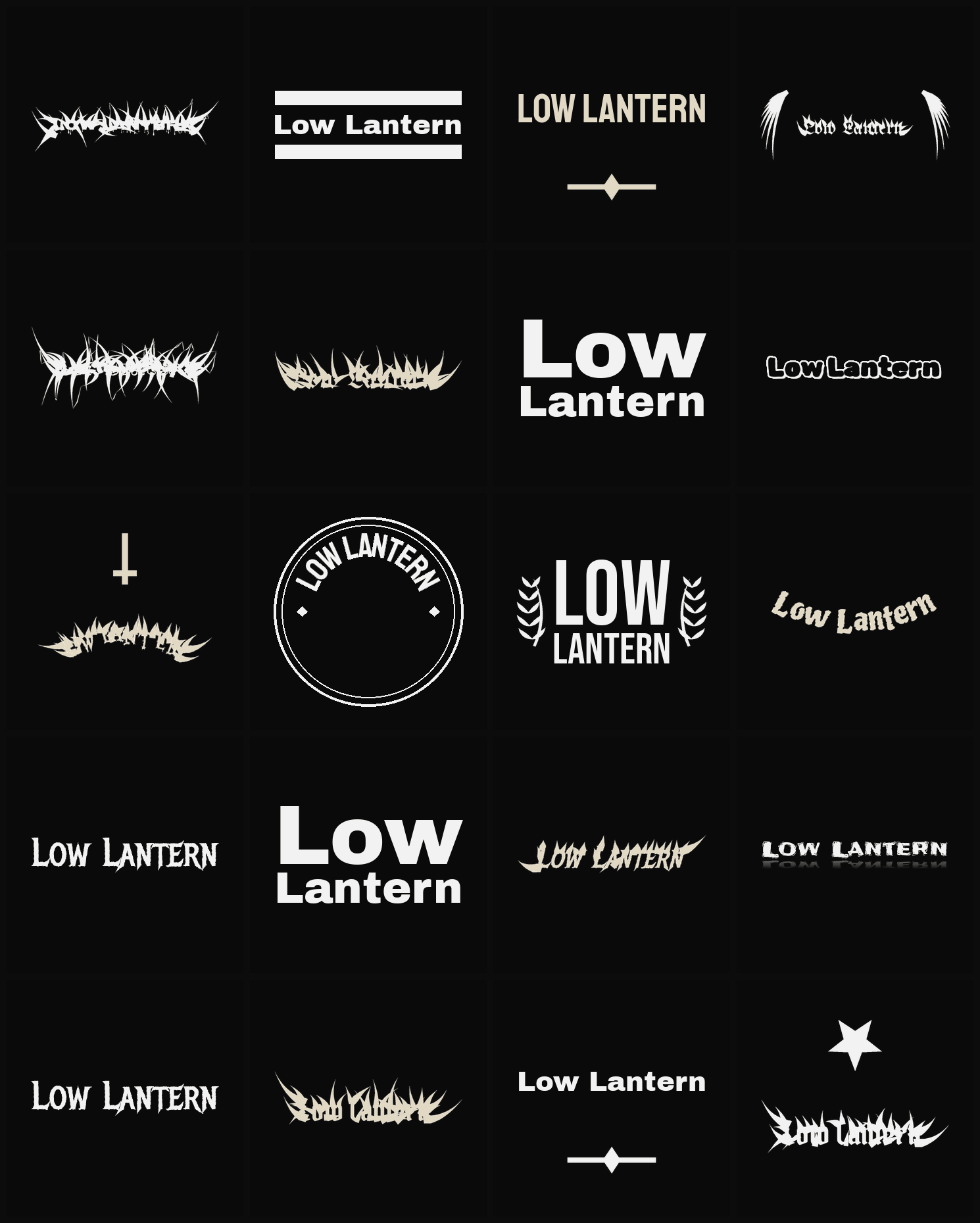 Twenty Low Lantern band logo ideas — different faces, treatments and spike settings