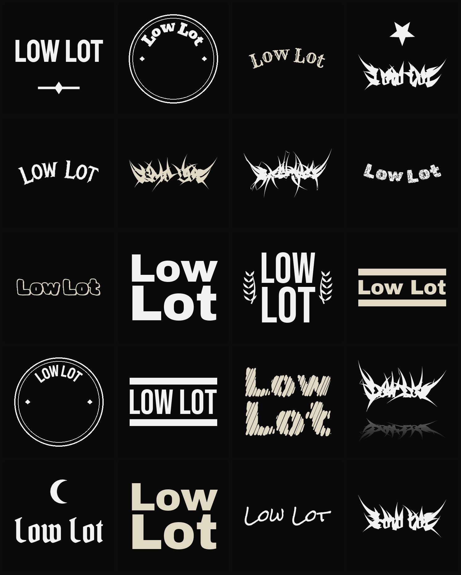 Twenty Low Lot band logo ideas — different faces, treatments and spike settings
