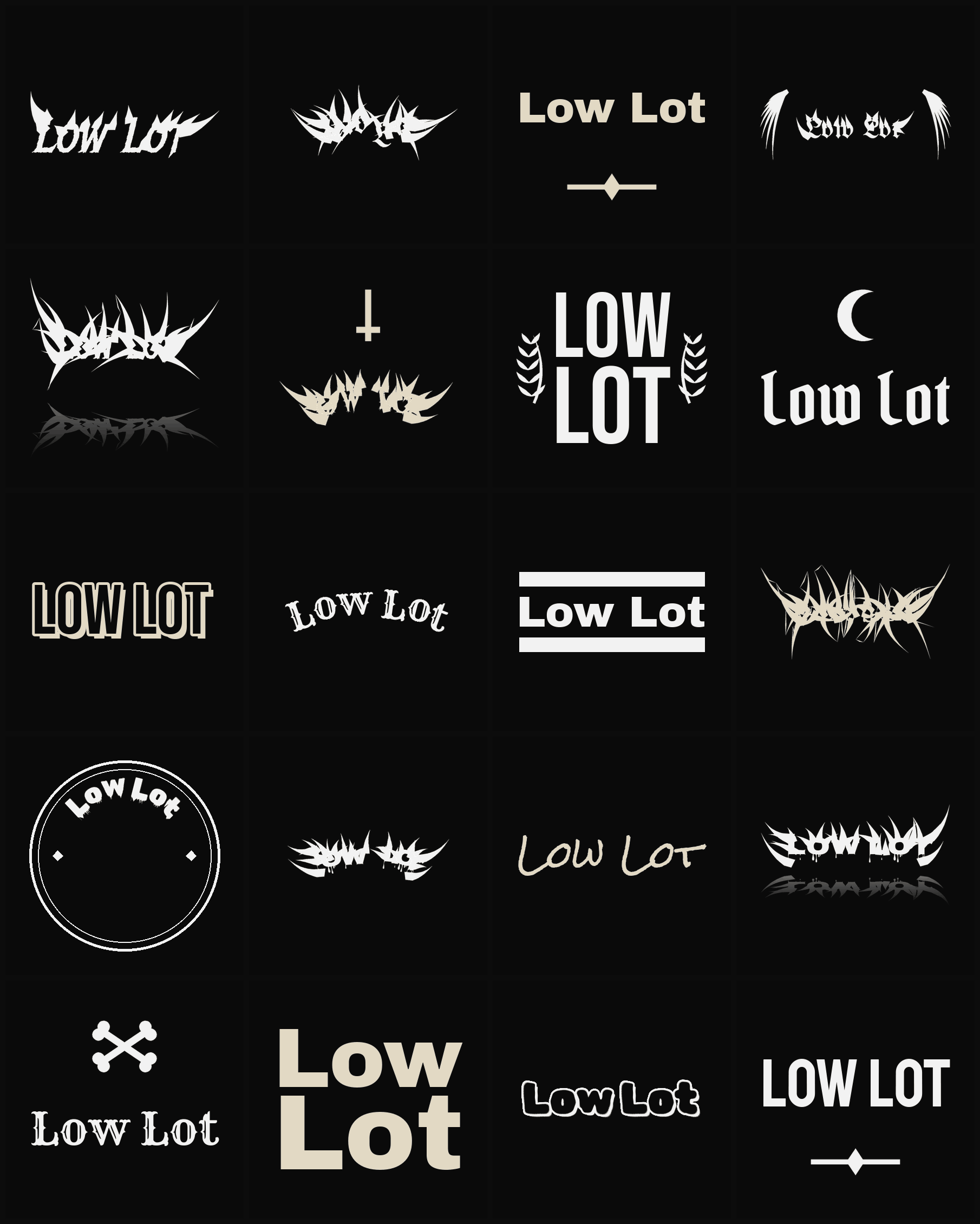 Twenty Low Lot band logo ideas — different faces, treatments and spike settings