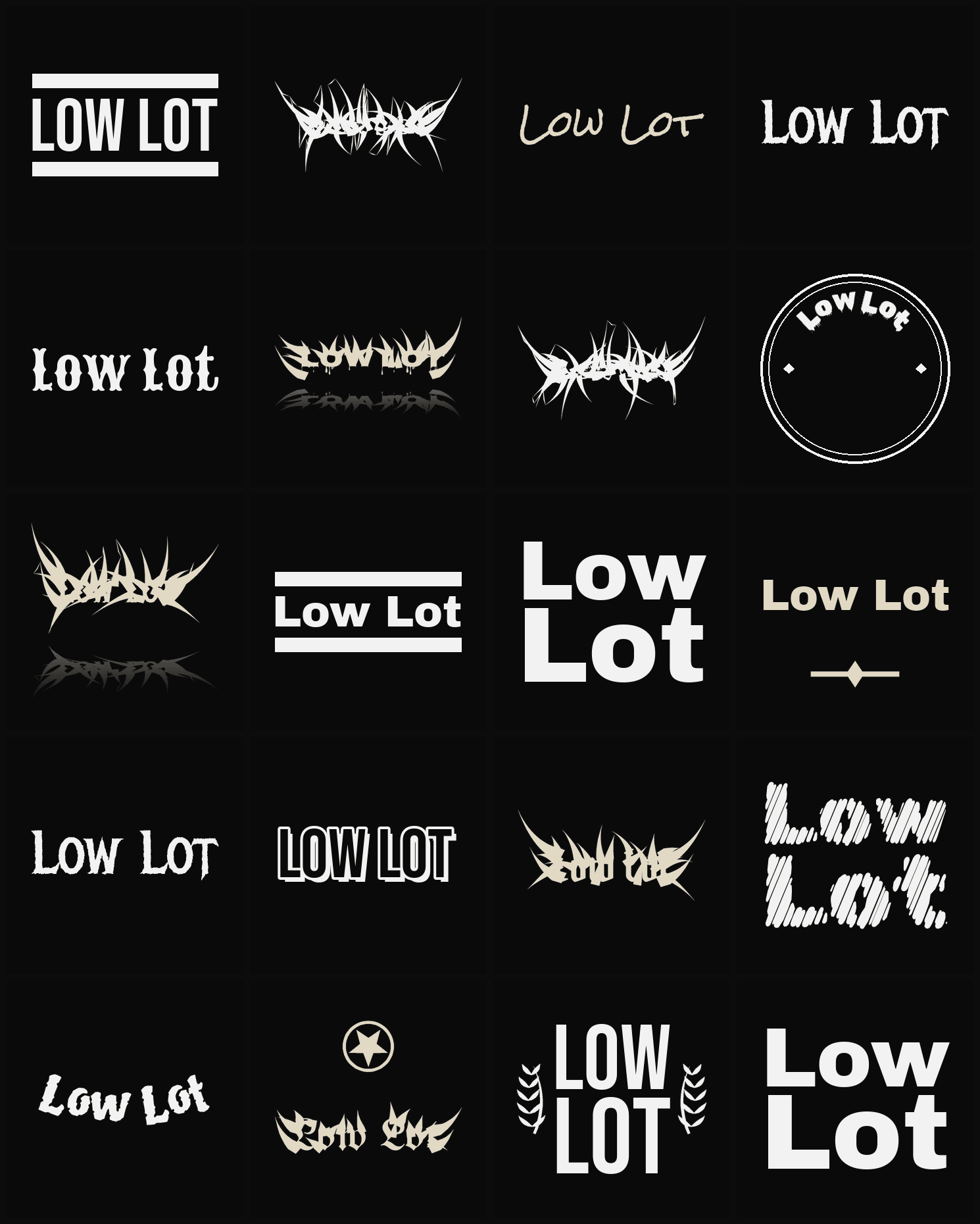 Twenty Low Lot band logo ideas — different faces, treatments and spike settings