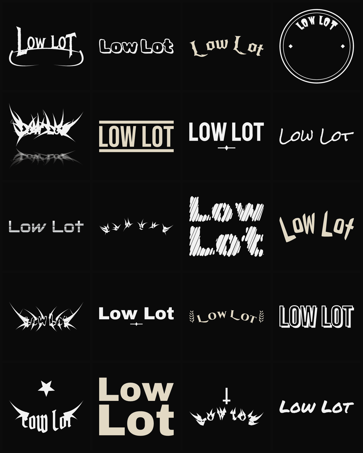 Twenty Low Lot band logo ideas — different faces, treatments and spike settings