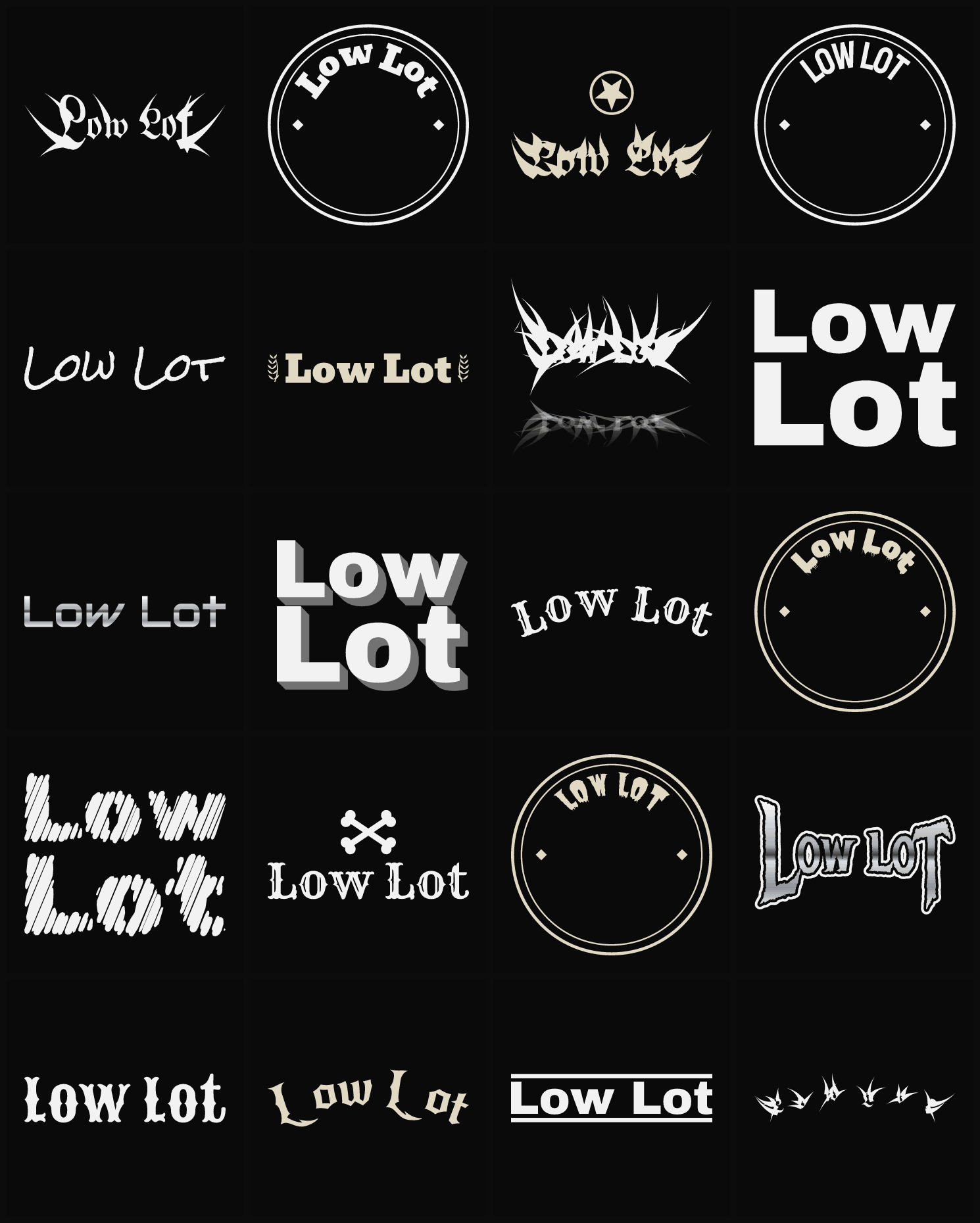 Twenty Low Lot band logo ideas — different faces, treatments and spike settings