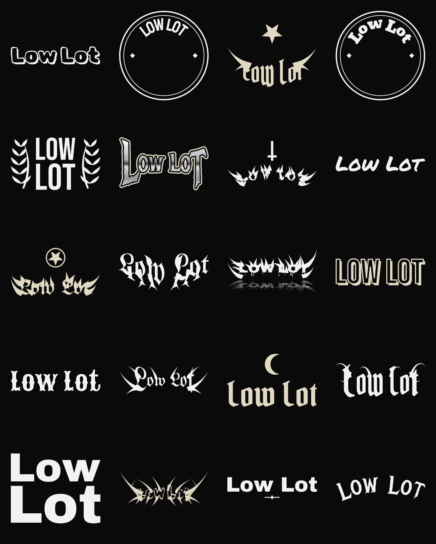 Twenty Low Lot band logo ideas — different faces, treatments and spike settings