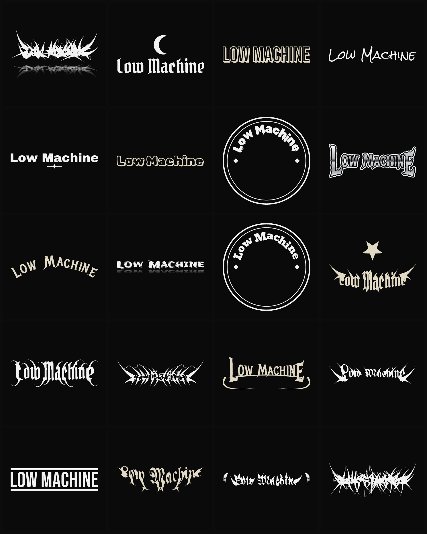 Twenty Low Machine band logo ideas — different faces, treatments and spike settings