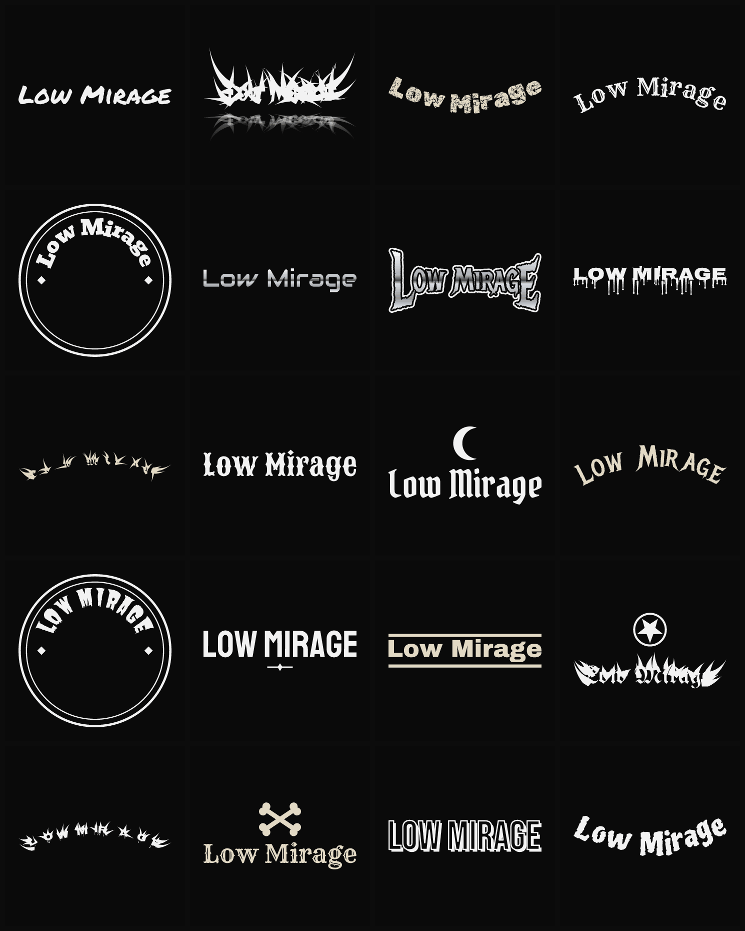 Twenty Low Mirage band logo ideas — different faces, treatments and spike settings