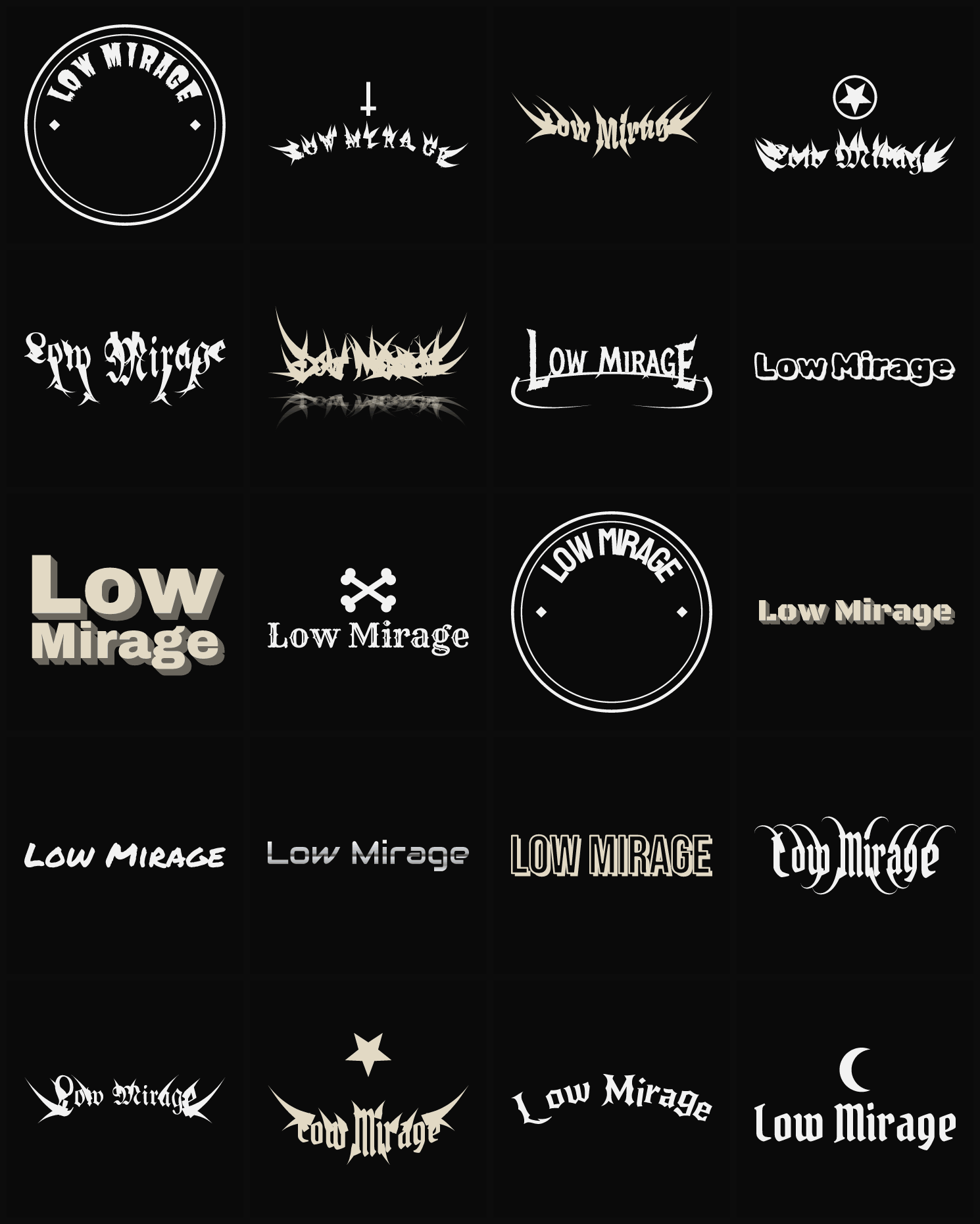 Twenty Low Mirage band logo ideas — different faces, treatments and spike settings