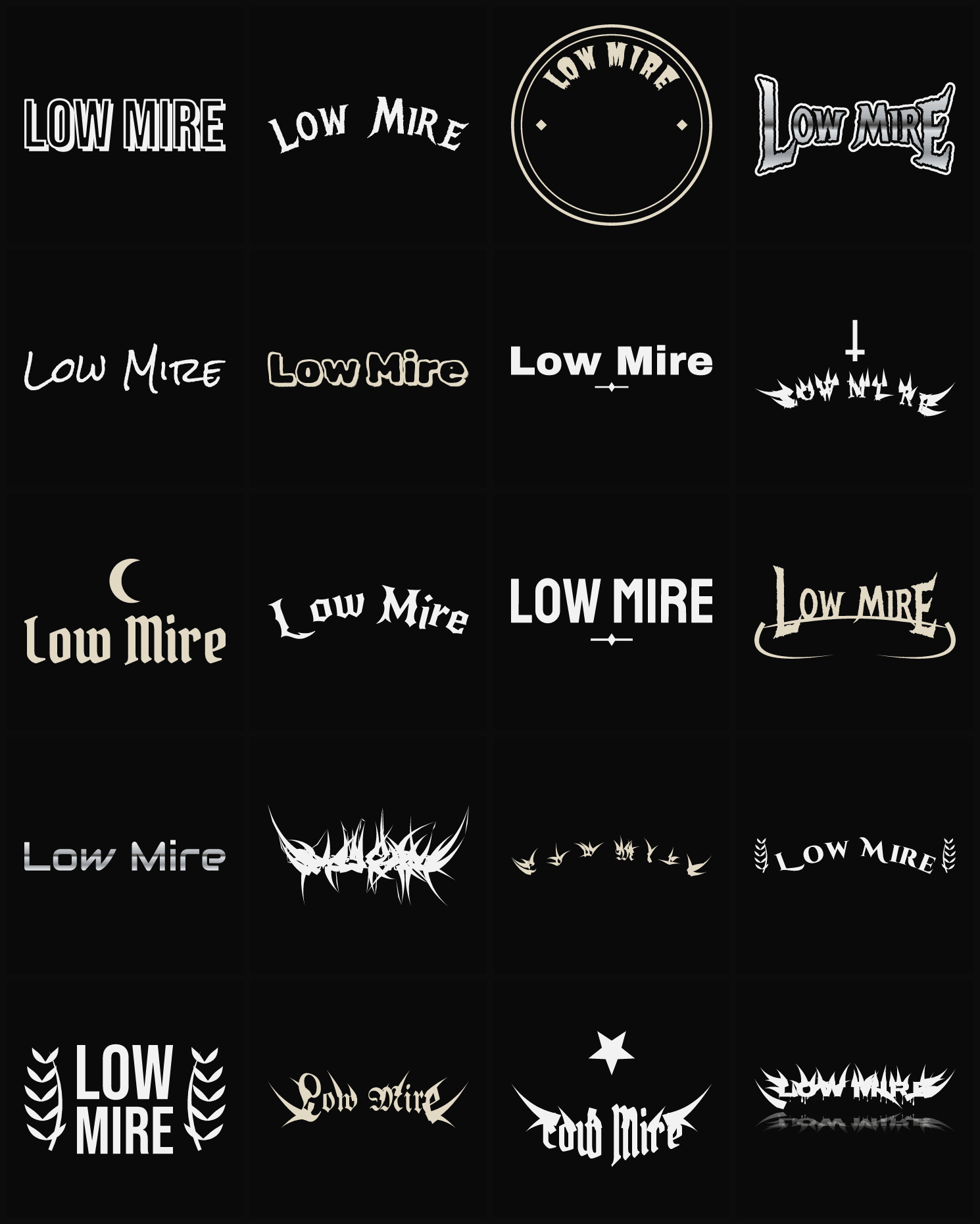 Twenty Low Mire band logo ideas — different faces, treatments and spike settings