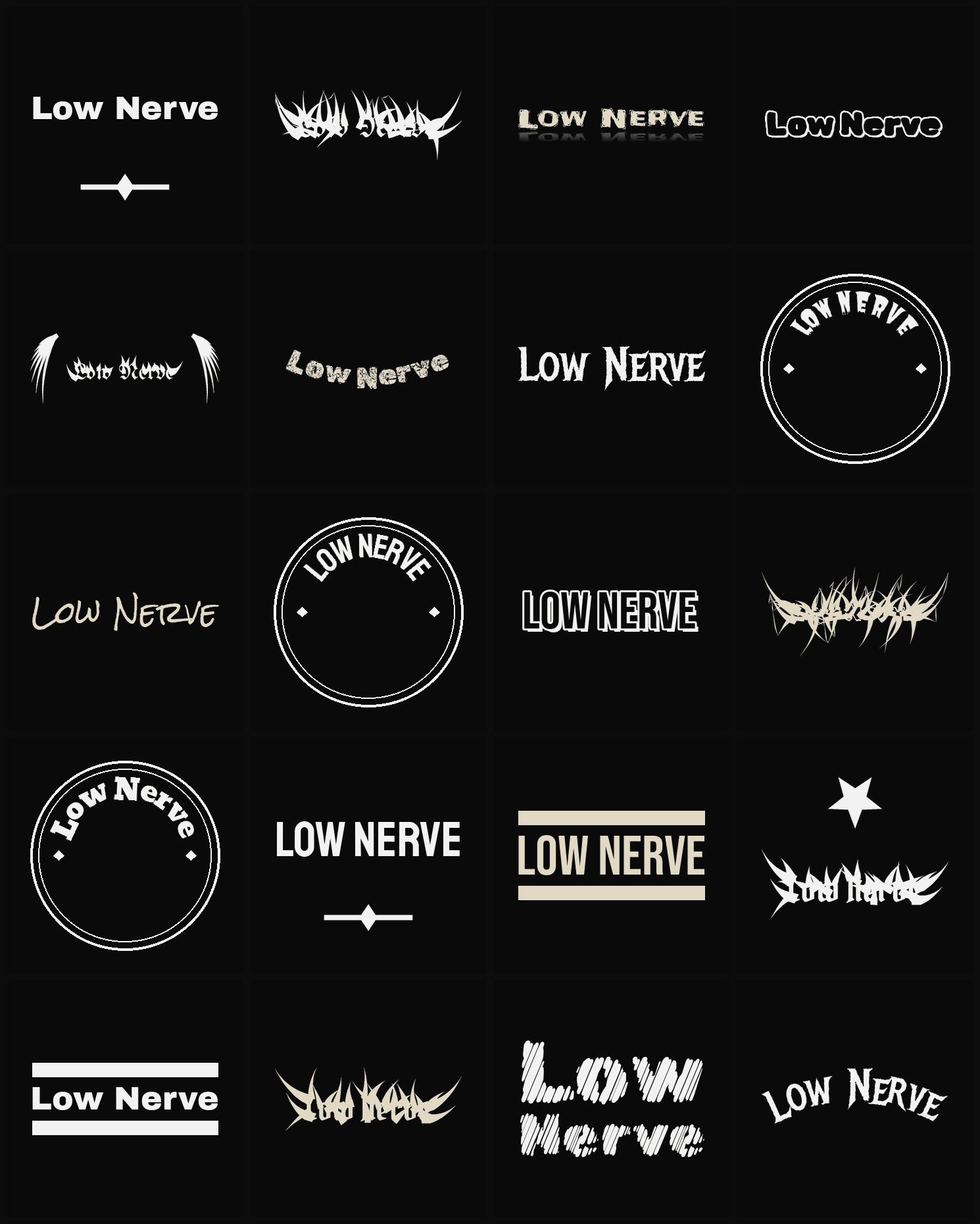 Twenty Low Nerve band logo ideas — different faces, treatments and spike settings