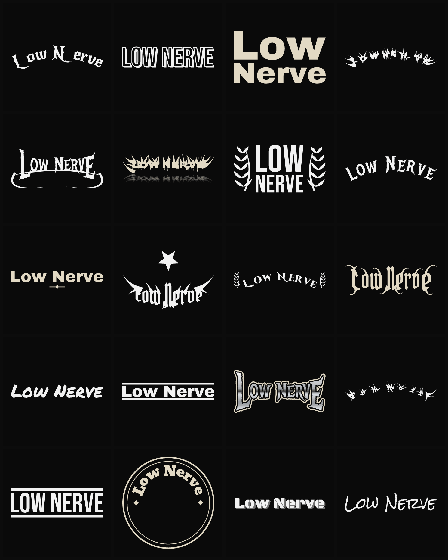 Twenty Low Nerve band logo ideas — different faces, treatments and spike settings