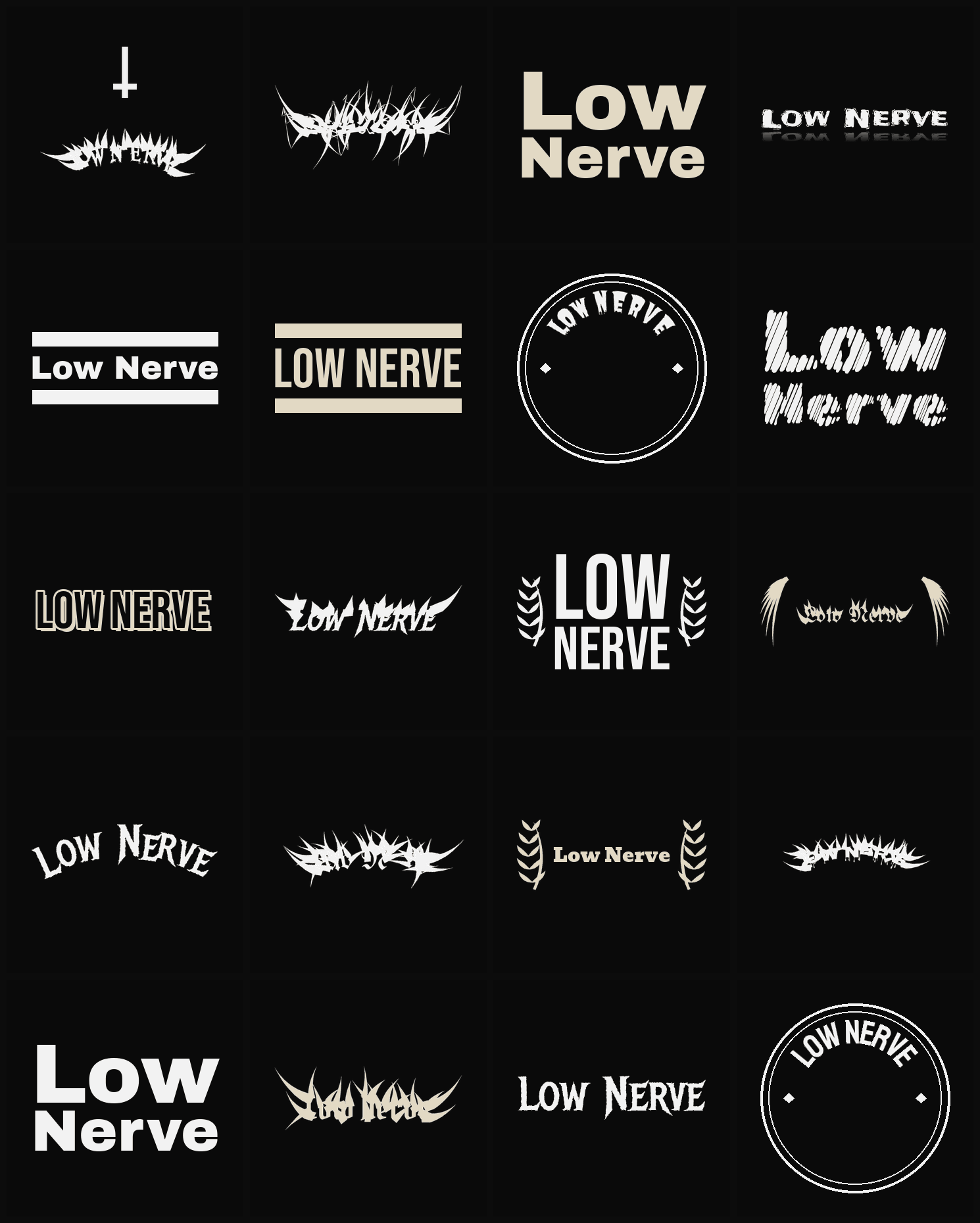 Twenty Low Nerve band logo ideas — different faces, treatments and spike settings