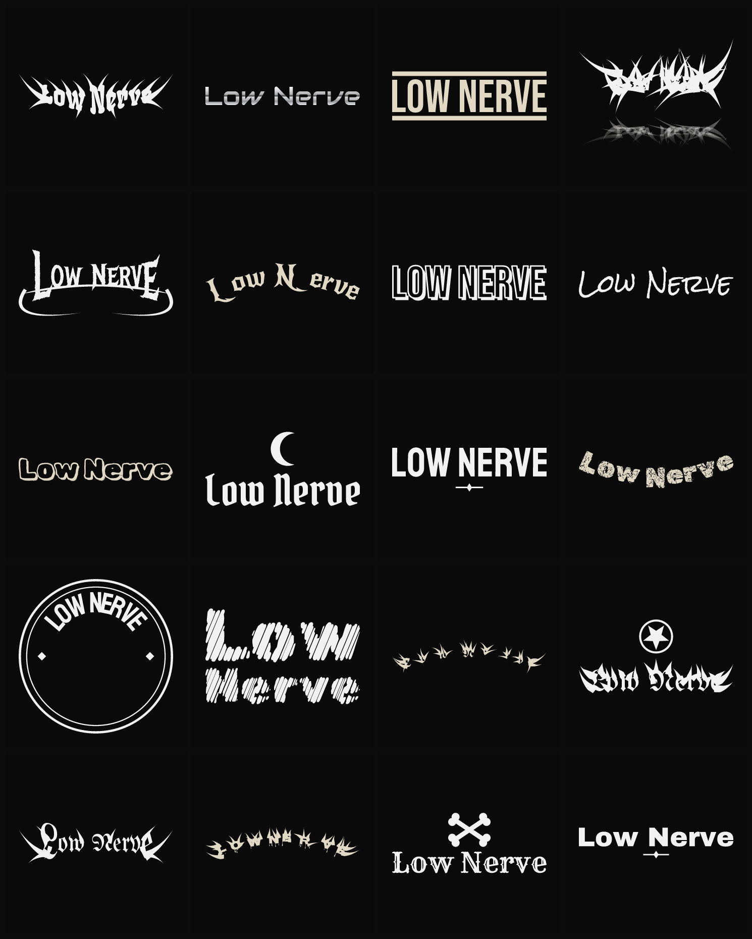 Twenty Low Nerve band logo ideas — different faces, treatments and spike settings