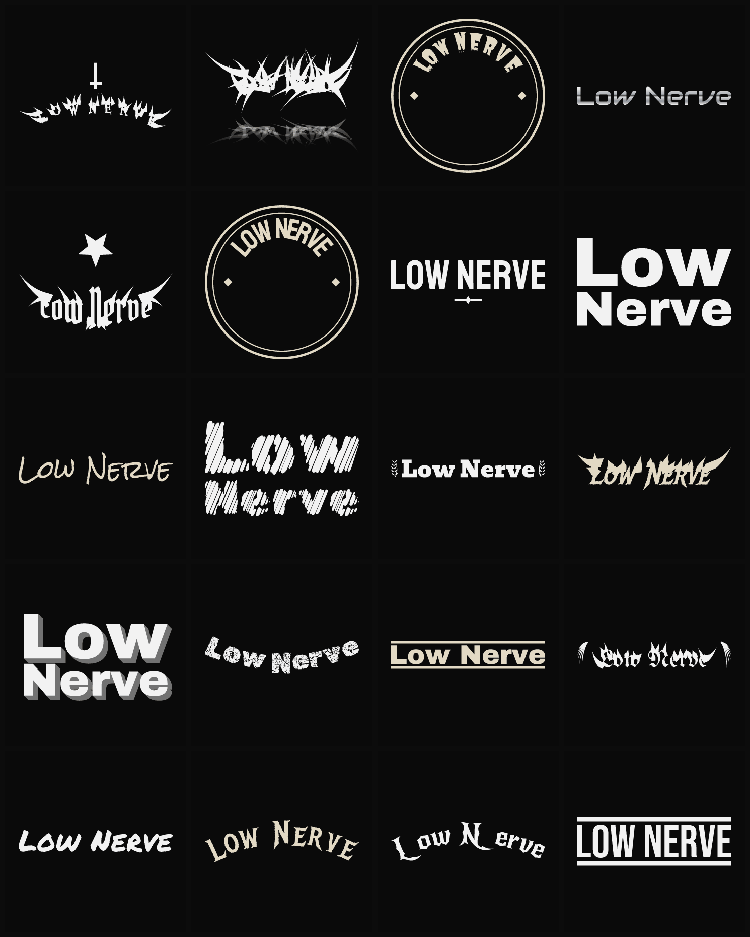 Twenty Low Nerve band logo ideas — different faces, treatments and spike settings