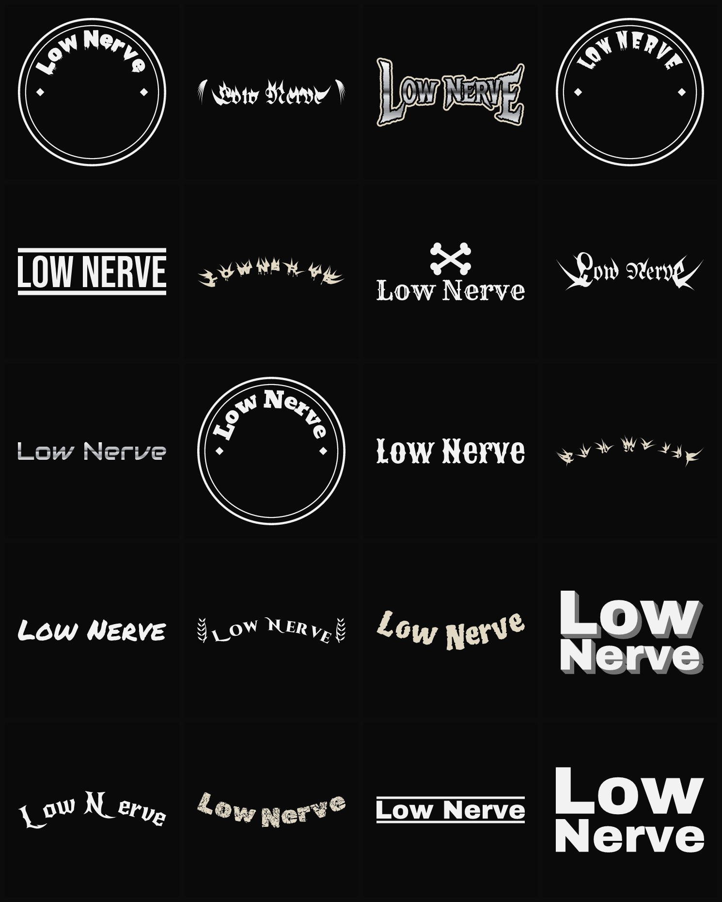 Twenty Low Nerve band logo ideas — different faces, treatments and spike settings