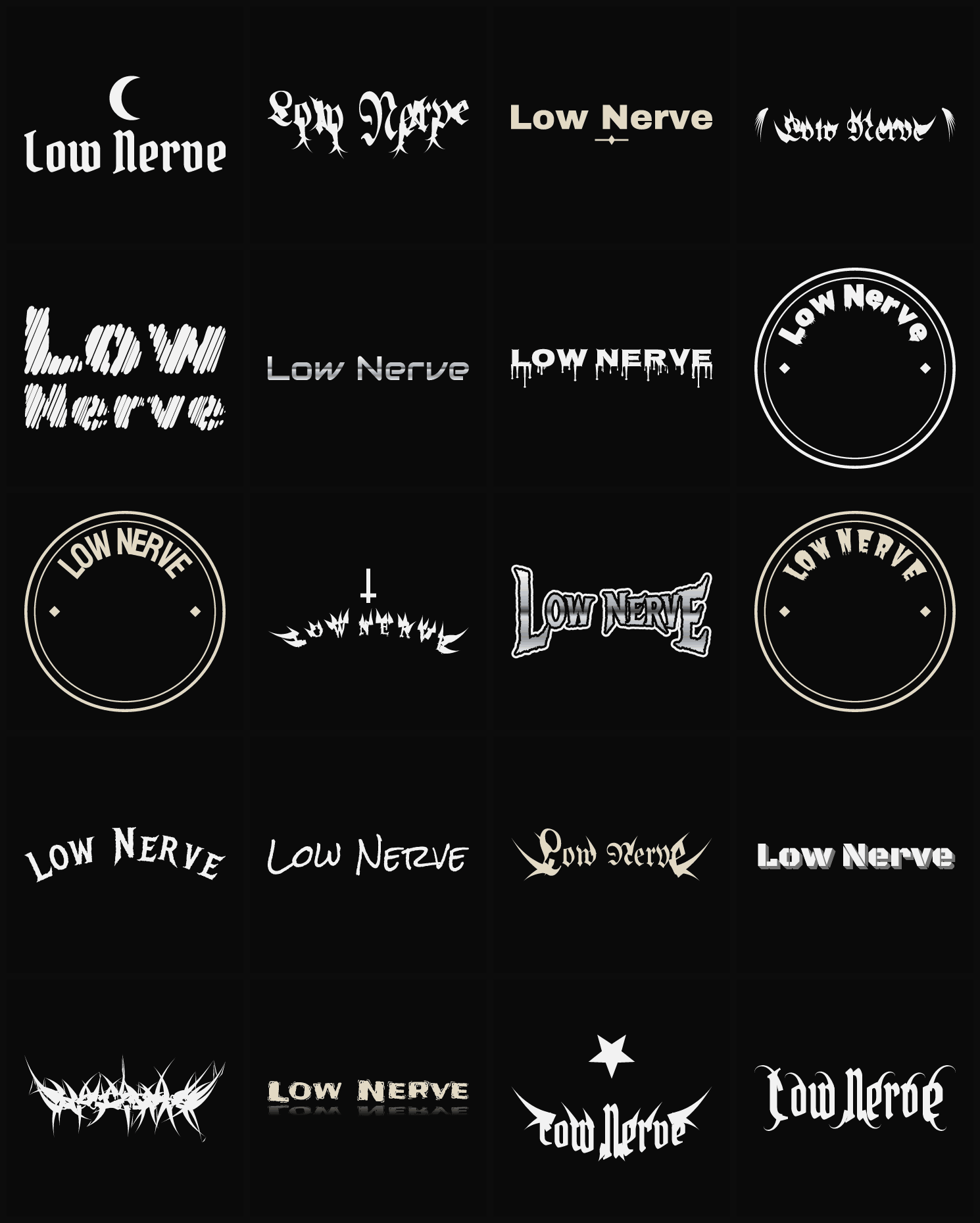 Twenty Low Nerve band logo ideas — different faces, treatments and spike settings