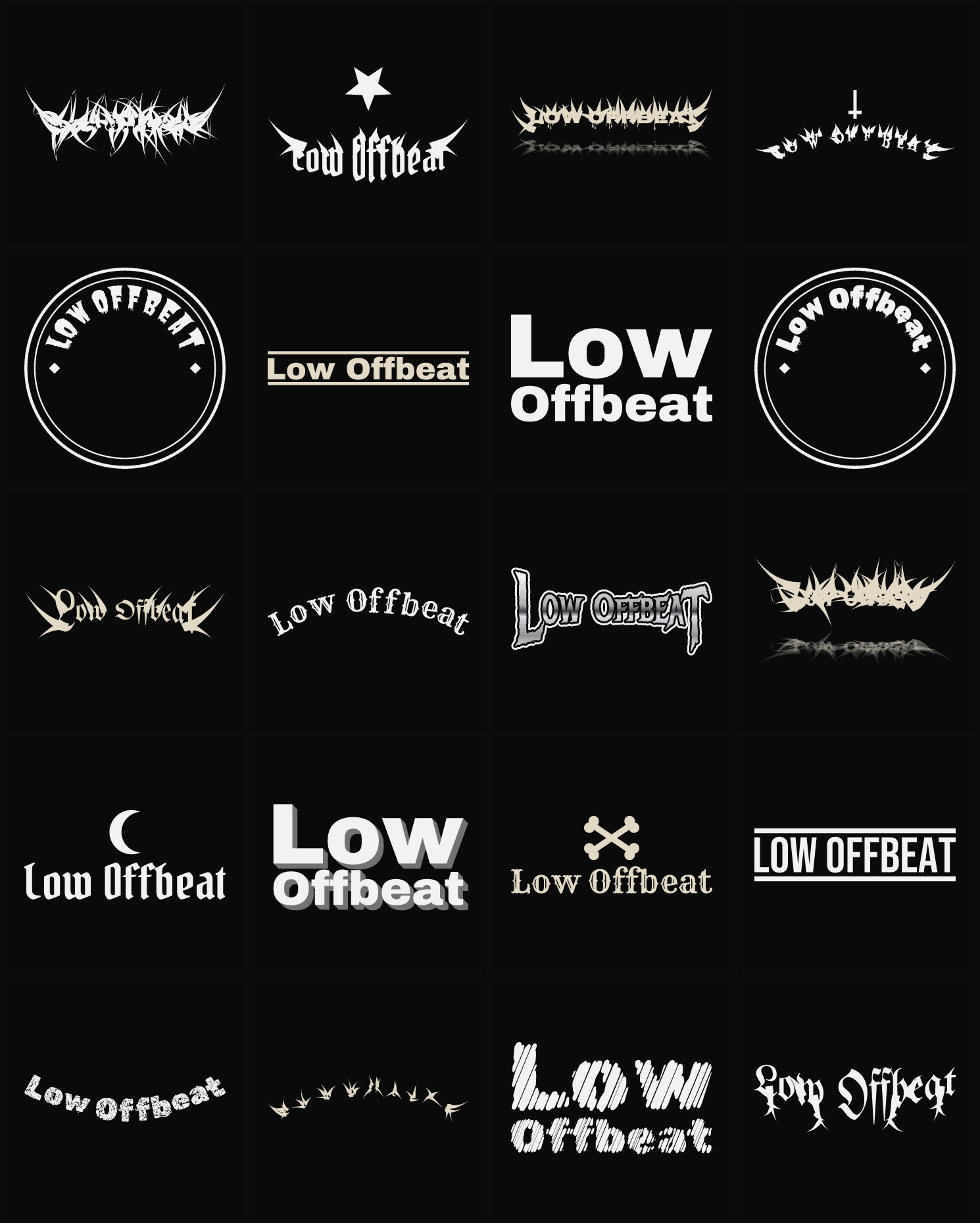 Twenty Low Offbeat band logo ideas — different faces, treatments and spike settings