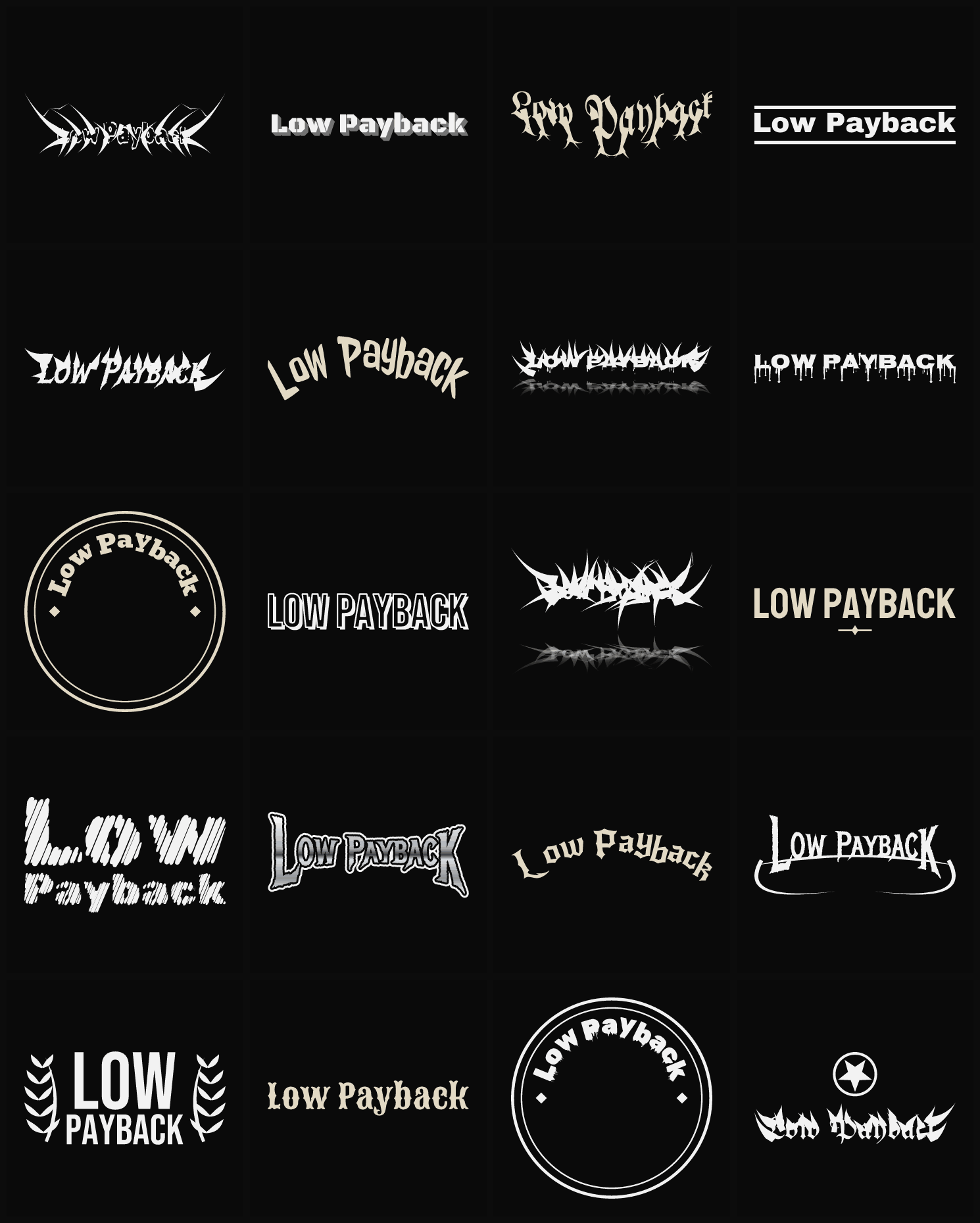 Twenty Low Payback band logo ideas — different faces, treatments and spike settings