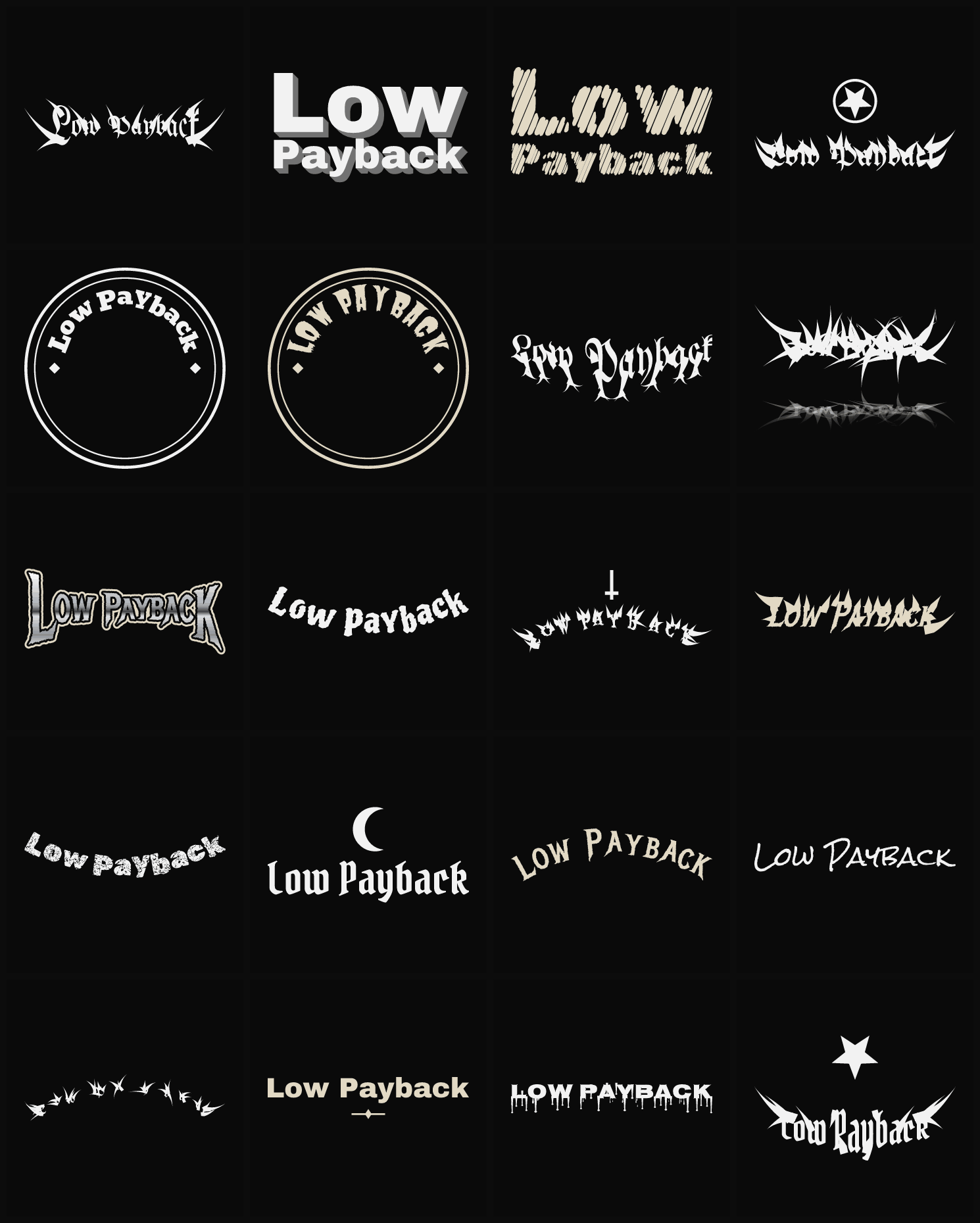 Twenty Low Payback band logo ideas — different faces, treatments and spike settings