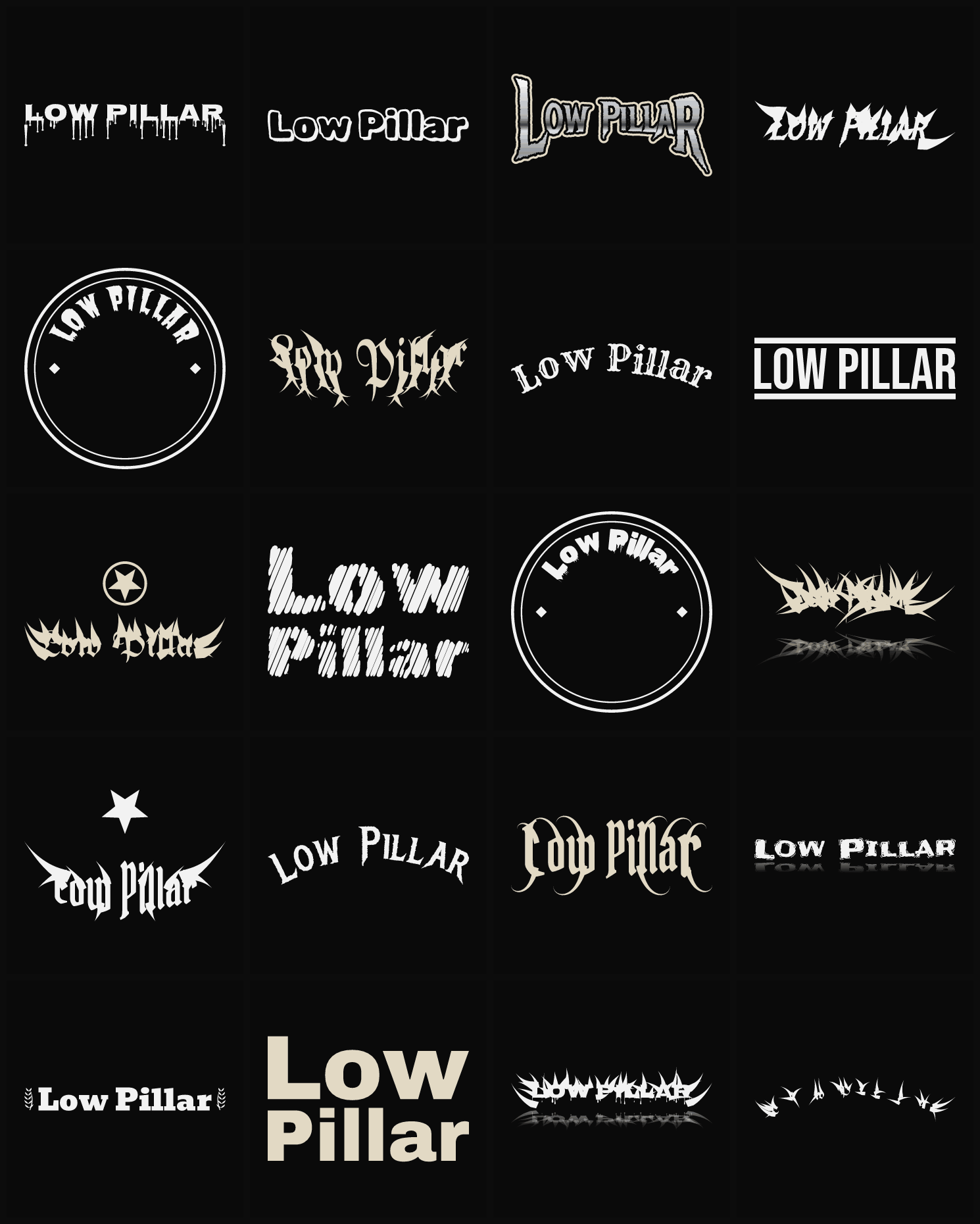Twenty Low Pillar band logo ideas — different faces, treatments and spike settings