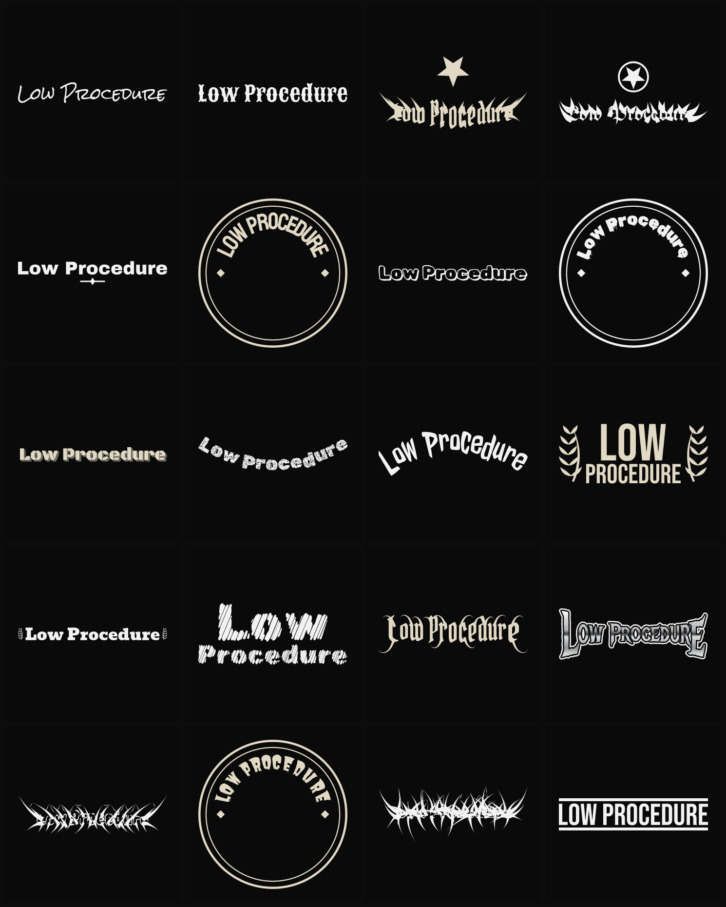 Twenty Low Procedure band logo ideas — different faces, treatments and spike settings