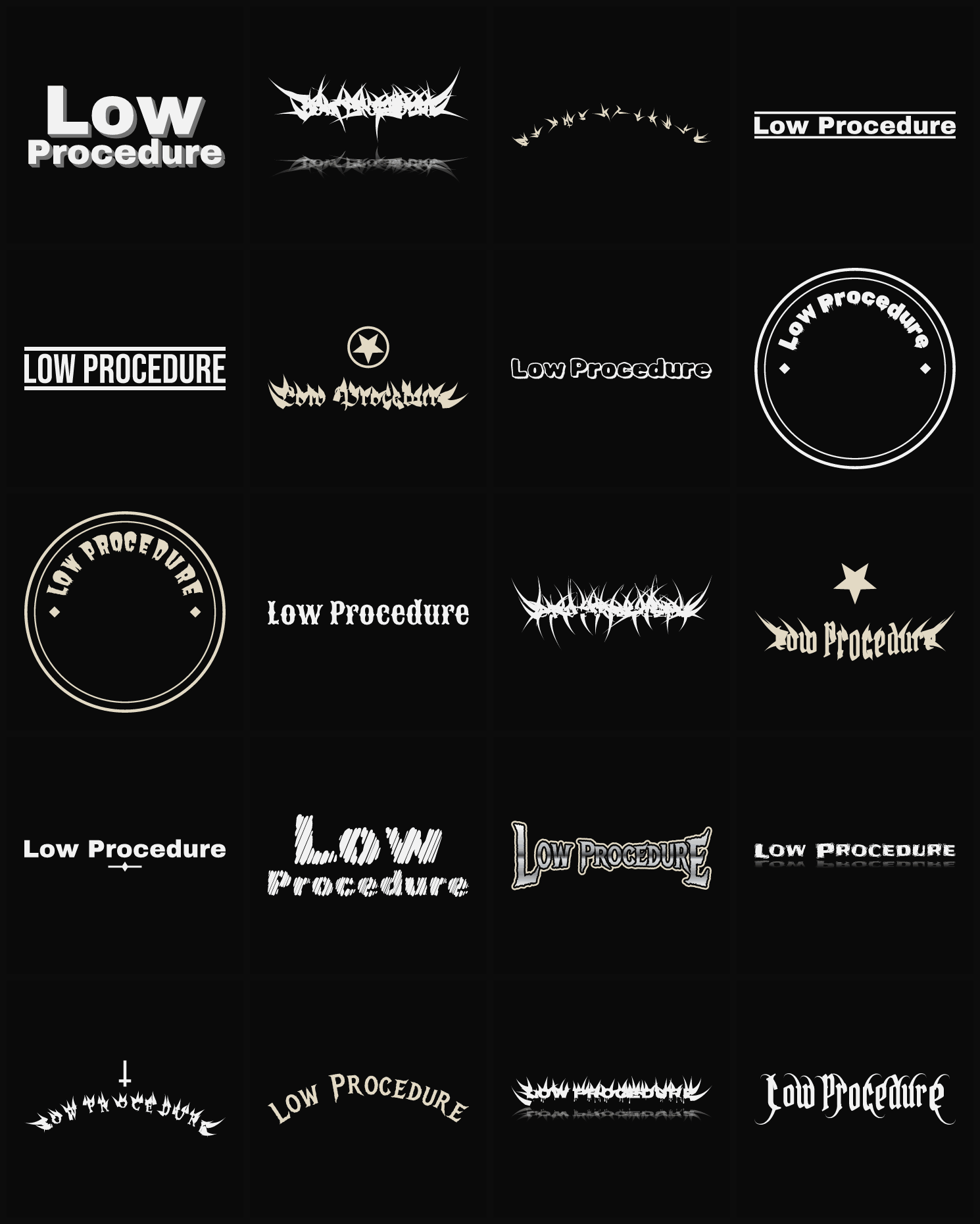 Twenty Low Procedure band logo ideas — different faces, treatments and spike settings