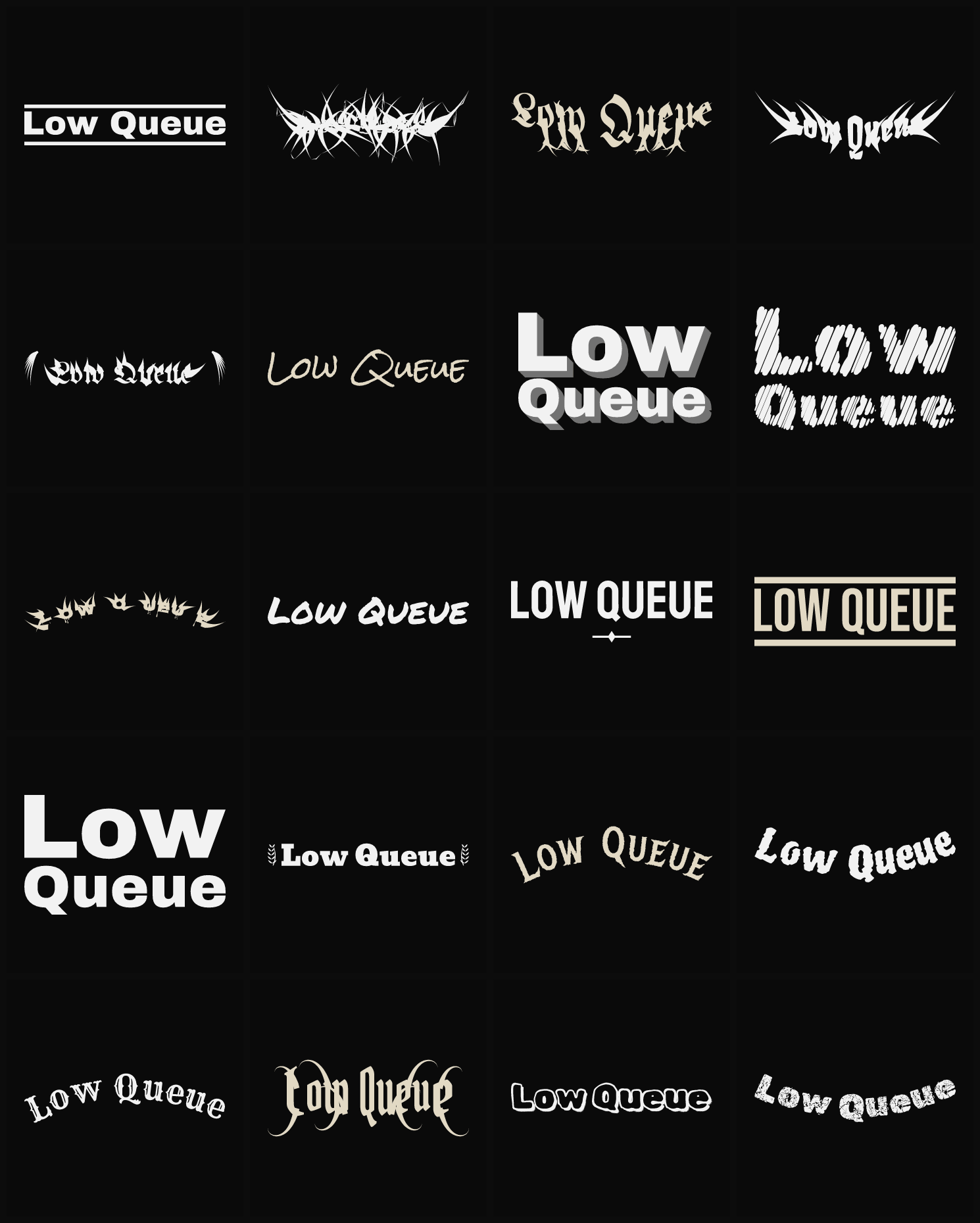 Twenty Low Queue band logo ideas — different faces, treatments and spike settings