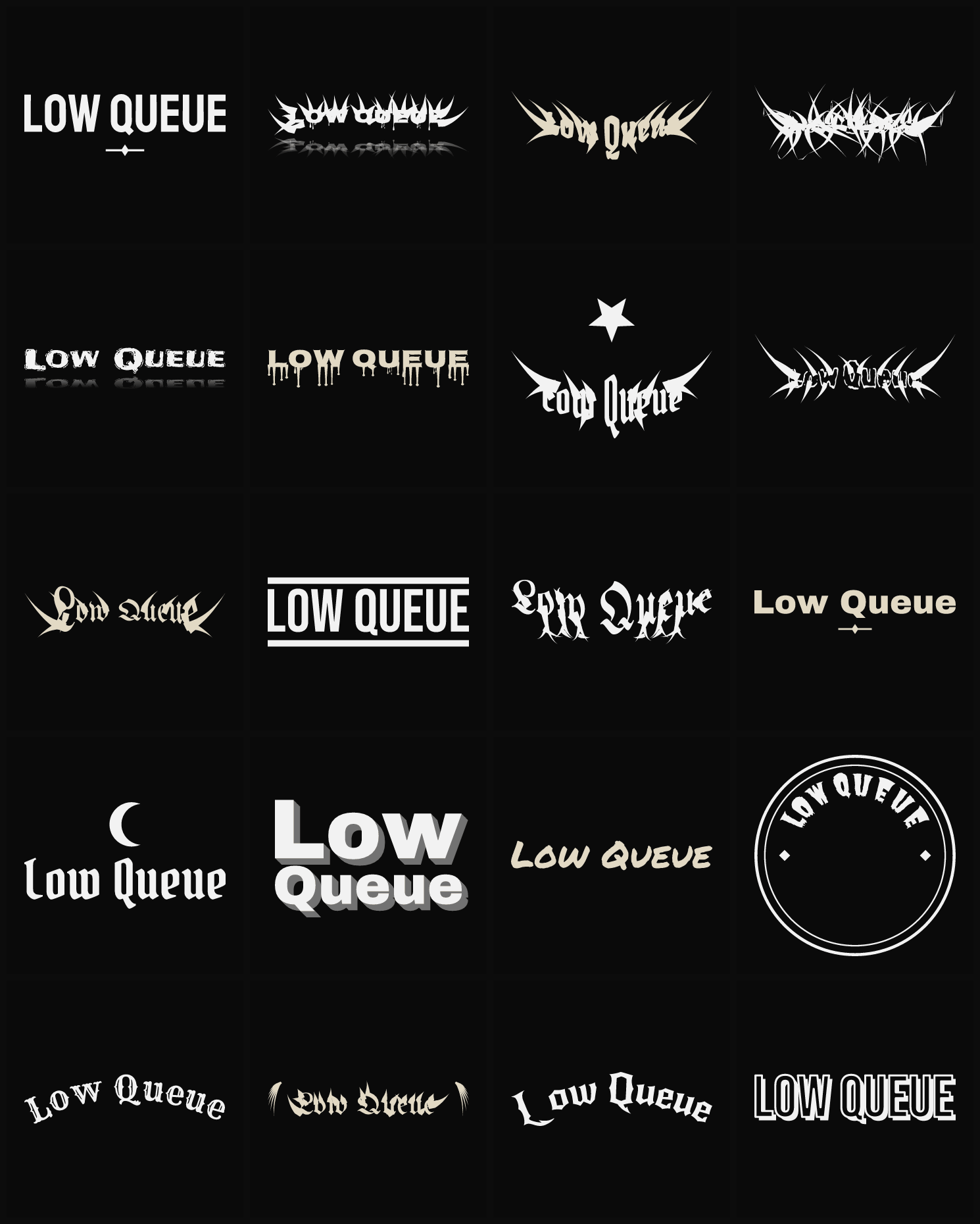 Twenty Low Queue band logo ideas — different faces, treatments and spike settings