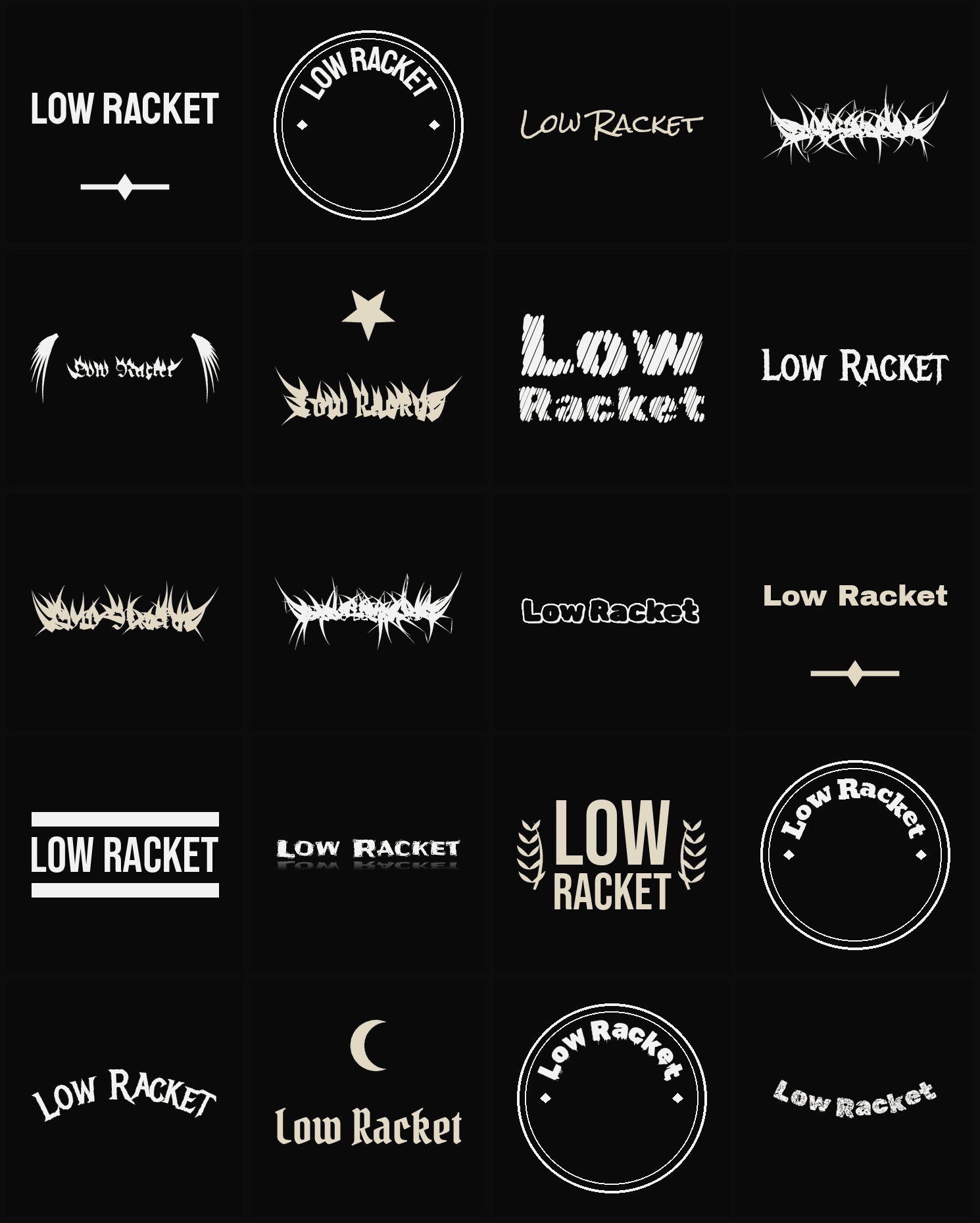 Twenty Low Racket band logo ideas — different faces, treatments and spike settings