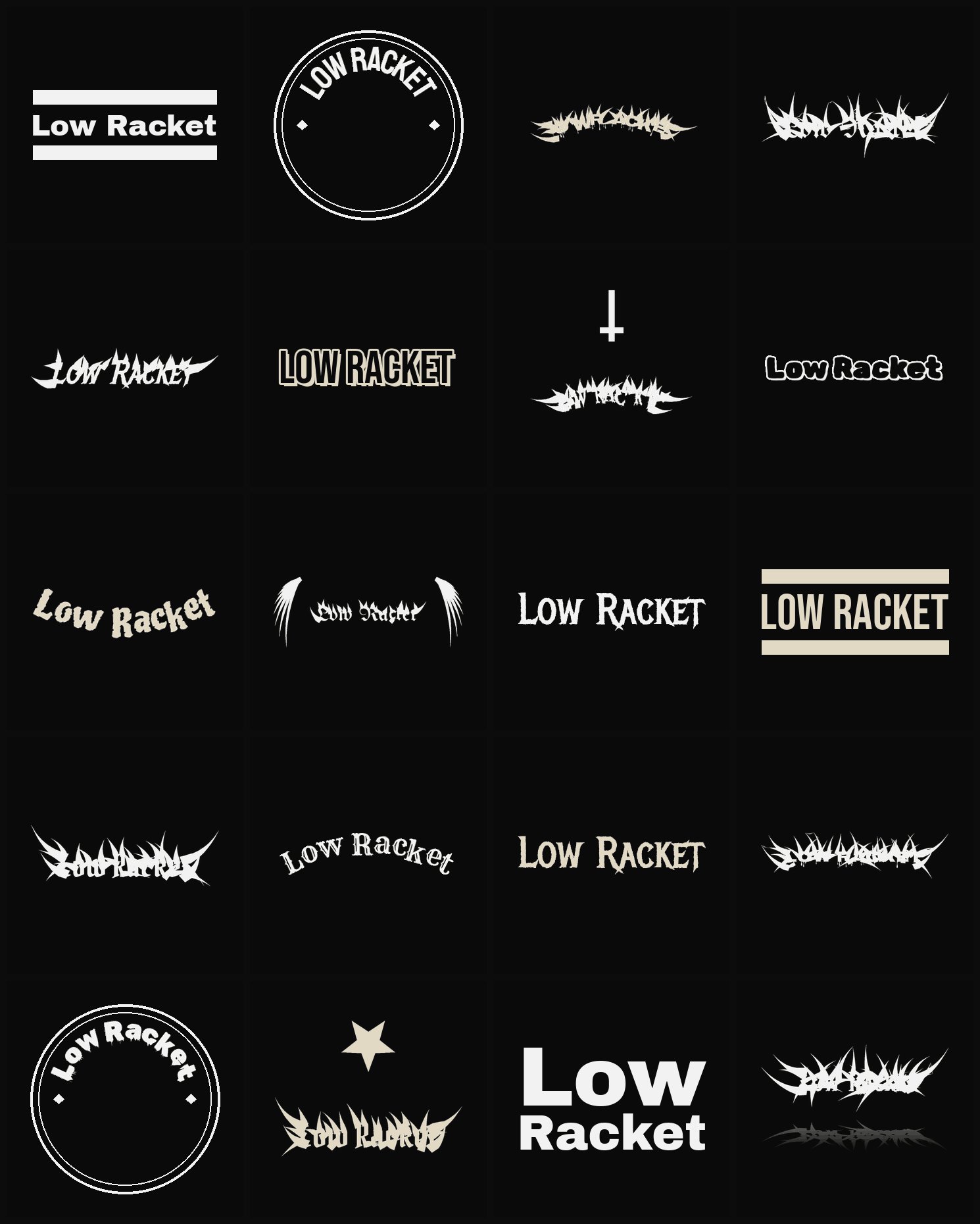 Twenty Low Racket band logo ideas — different faces, treatments and spike settings