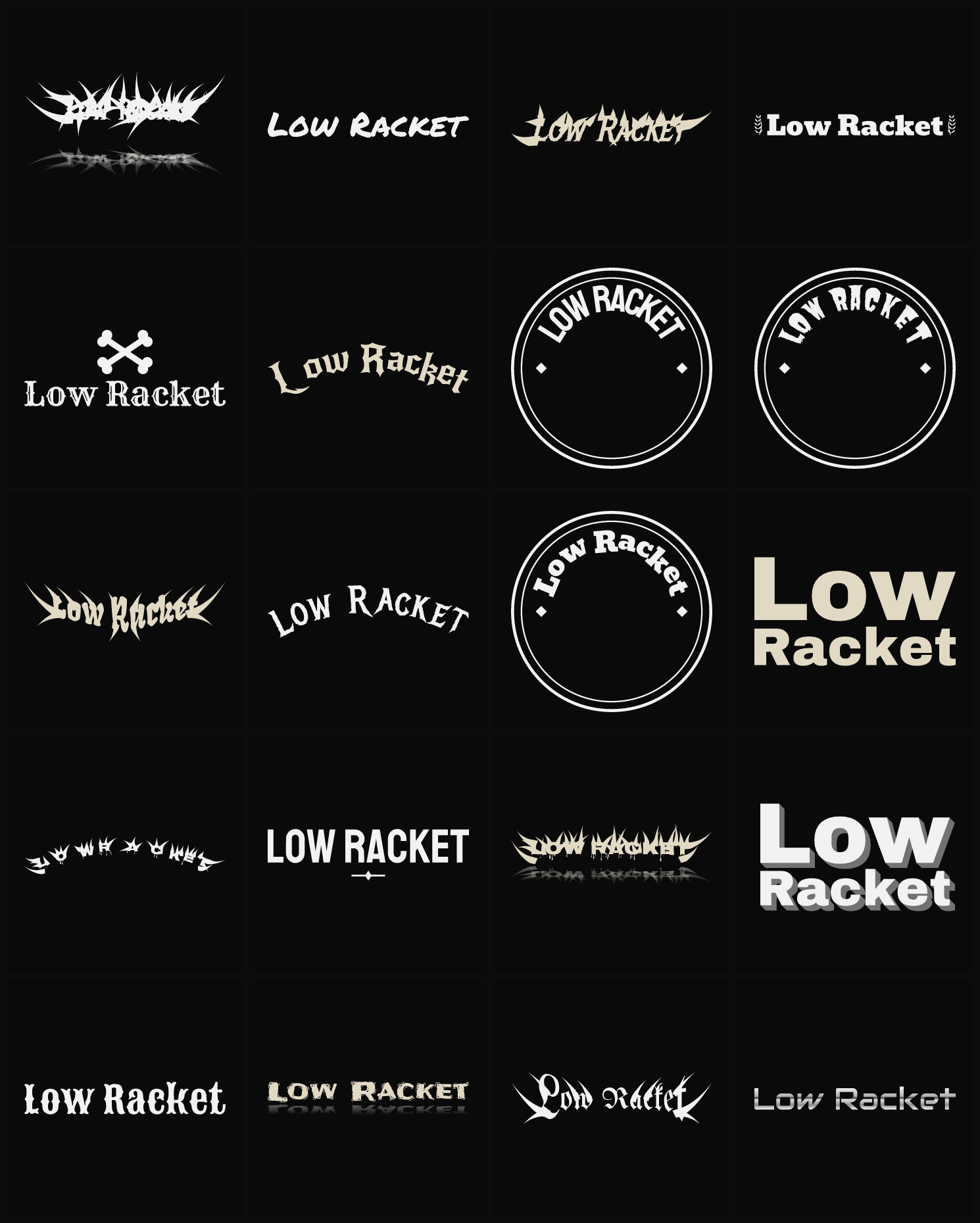 Twenty Low Racket band logo ideas — different faces, treatments and spike settings