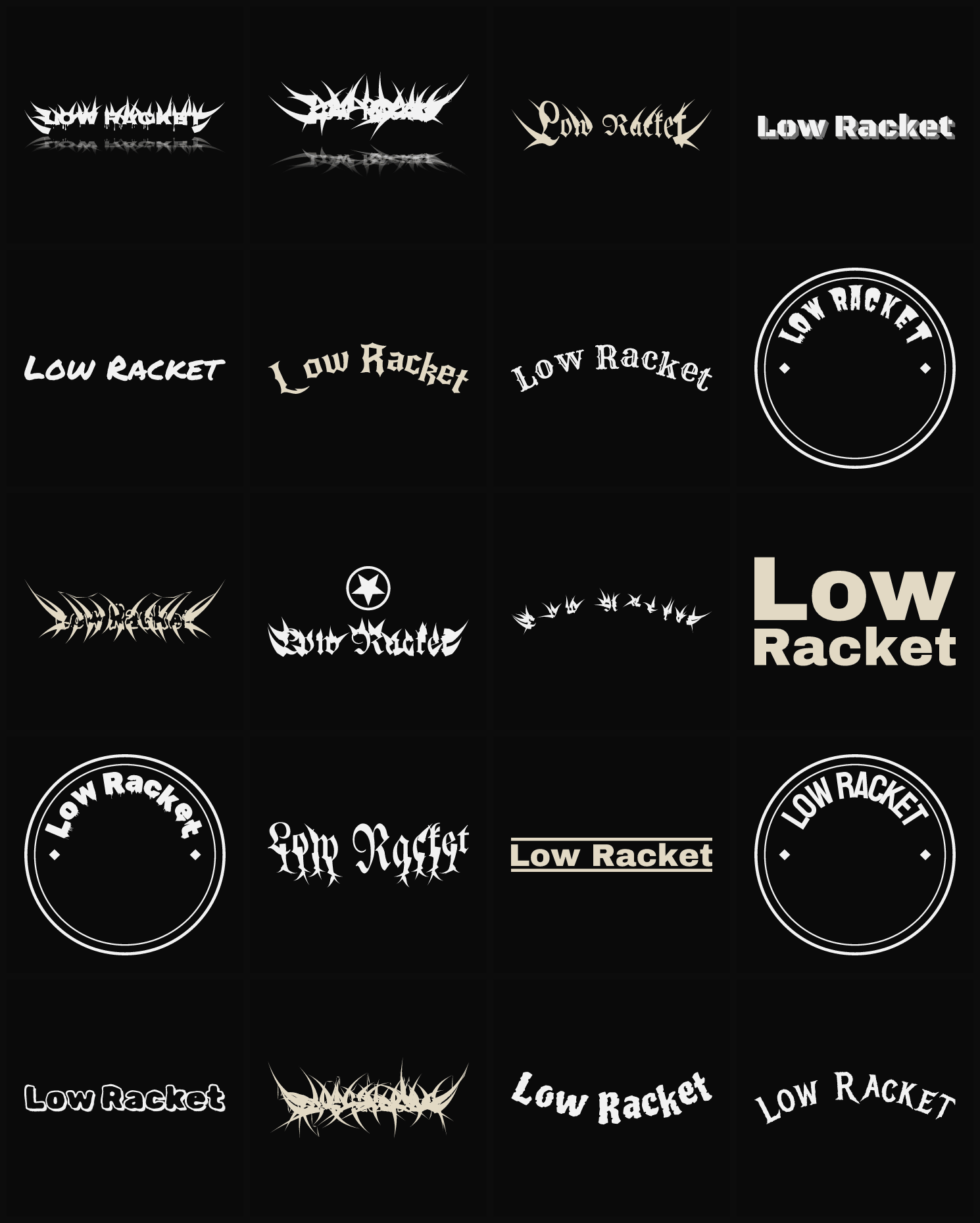 Twenty Low Racket band logo ideas — different faces, treatments and spike settings