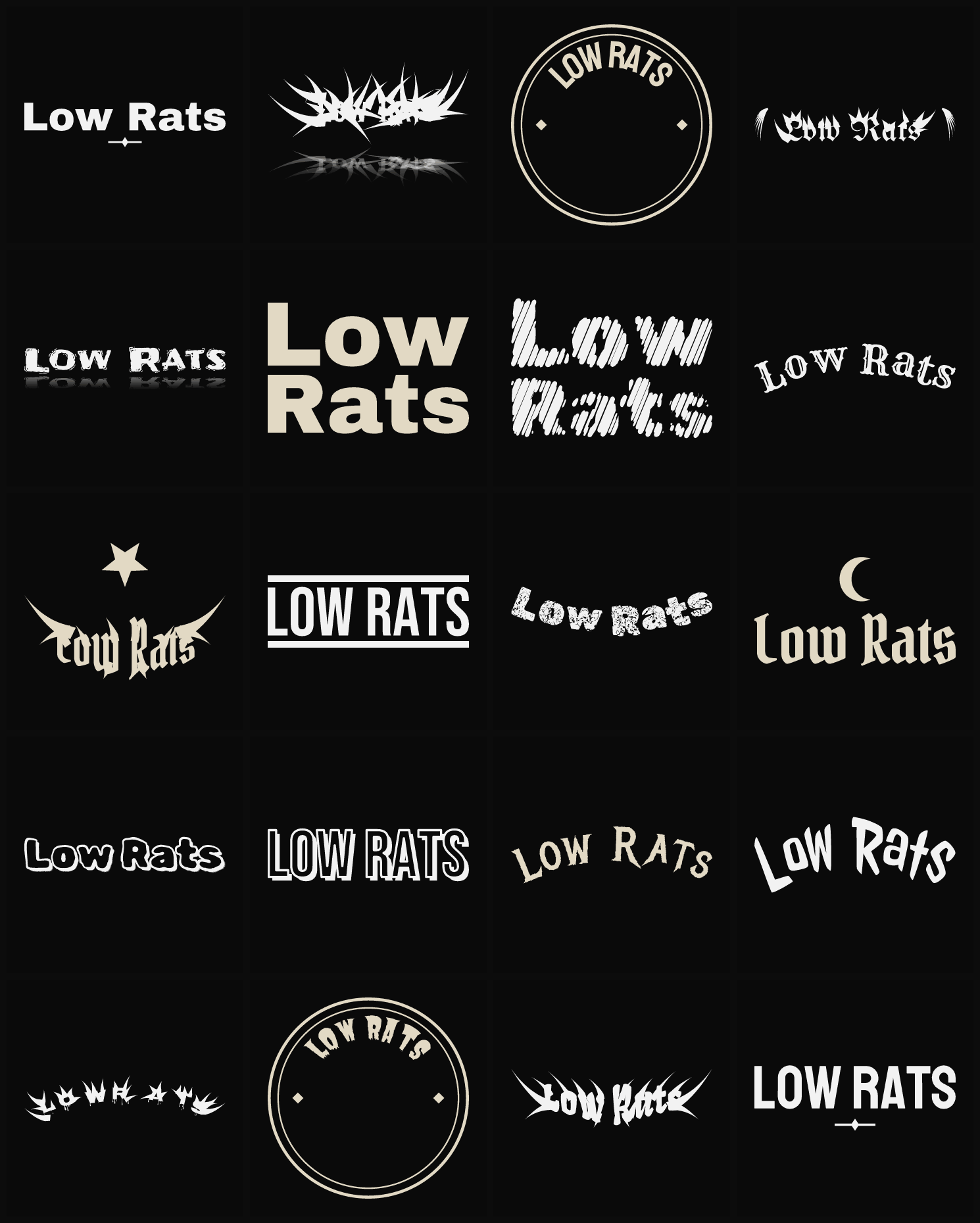 Twenty Low Rats band logo ideas — different faces, treatments and spike settings