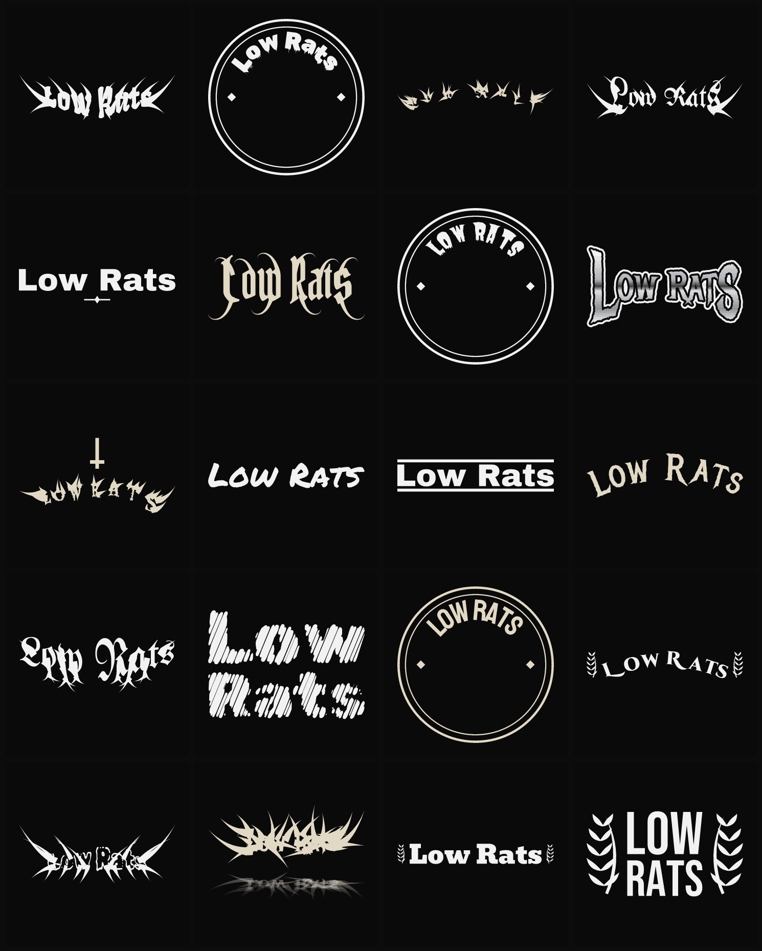 Twenty Low Rats band logo ideas — different faces, treatments and spike settings