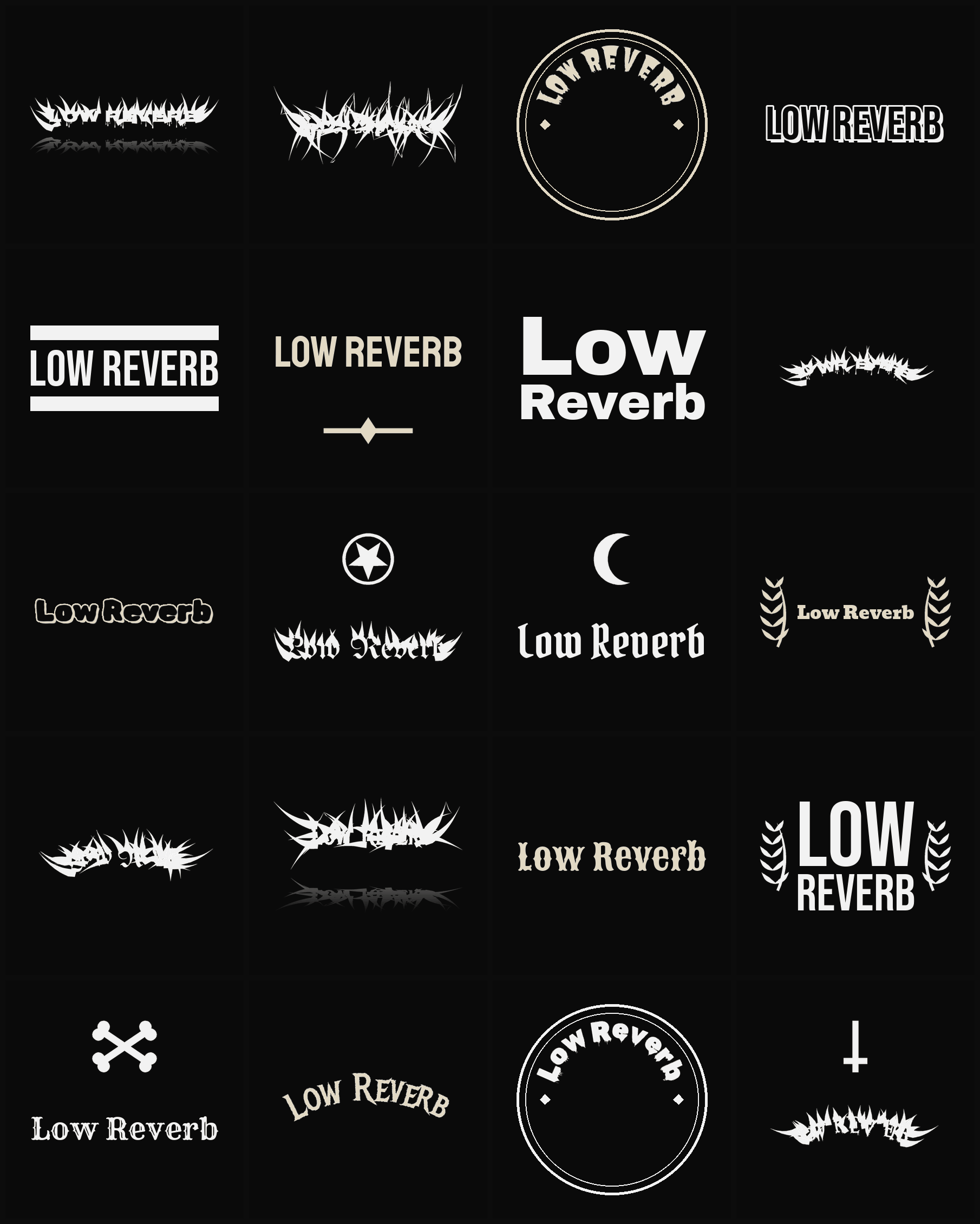 Twenty Low Reverb band logo ideas — different faces, treatments and spike settings