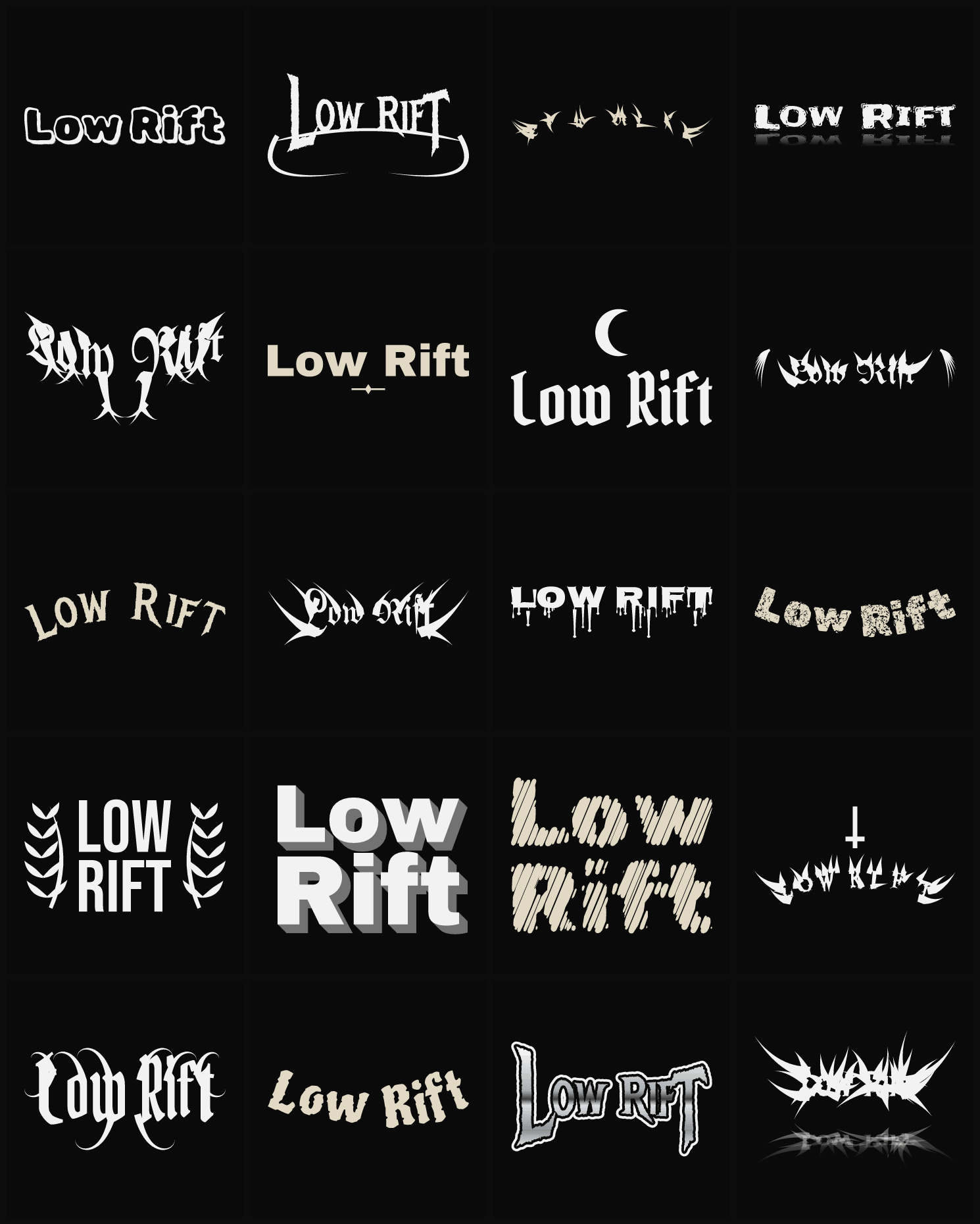 Twenty Low Rift band logo ideas — different faces, treatments and spike settings