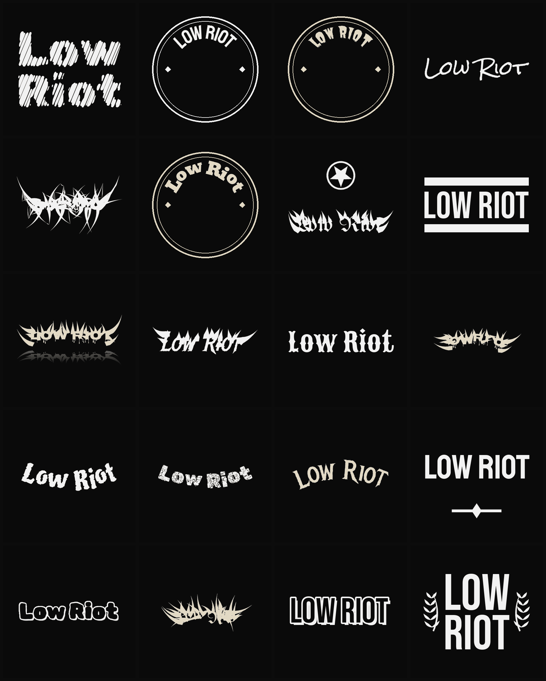 Twenty Low Riot band logo ideas — different faces, treatments and spike settings