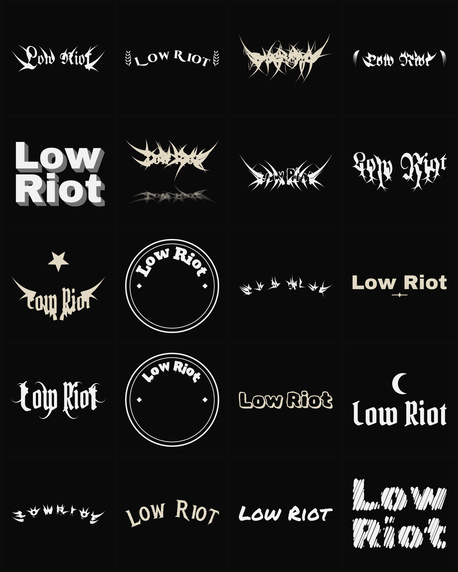 Twenty Low Riot band logo ideas — different faces, treatments and spike settings