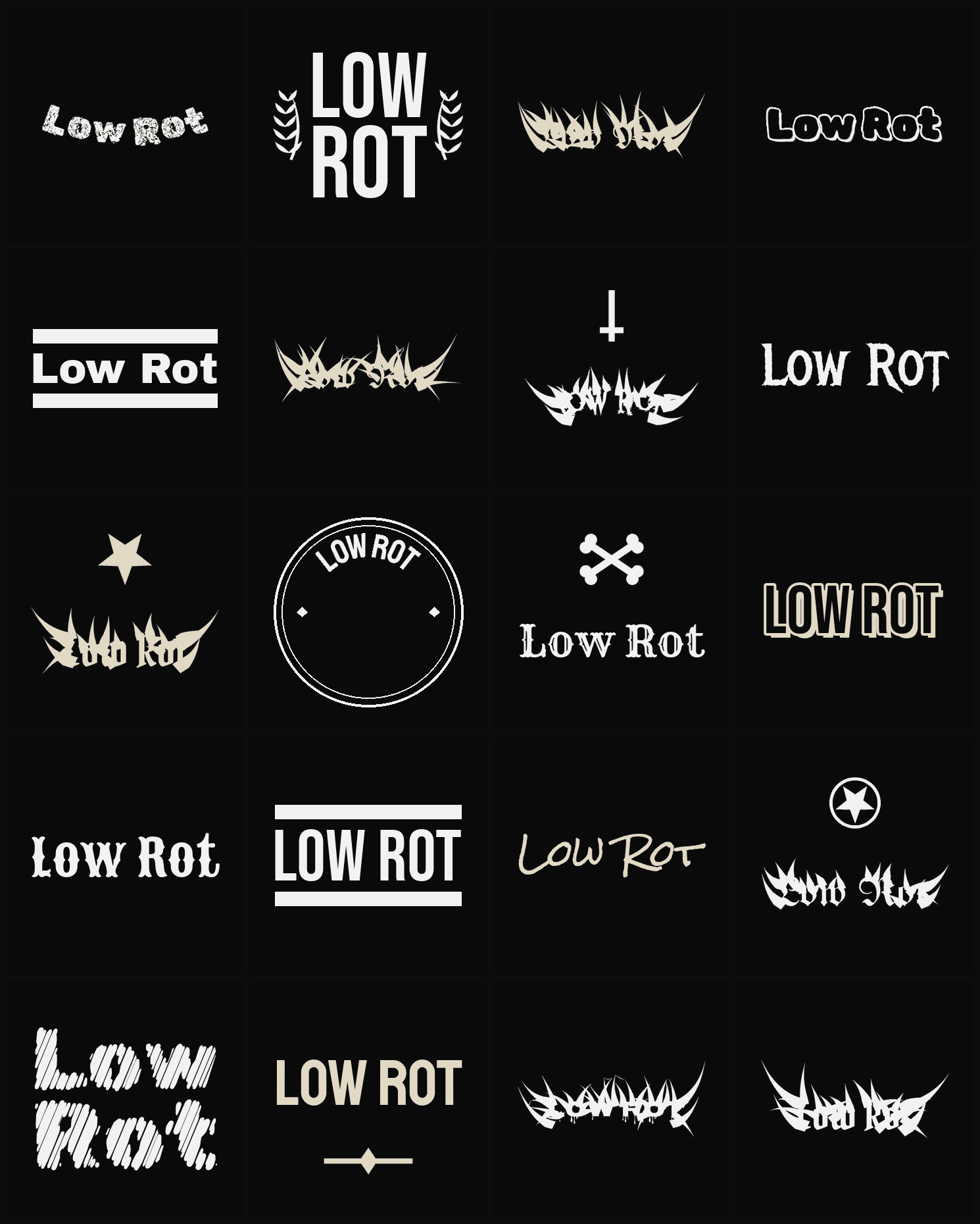 Twenty Low Rot band logo ideas — different faces, treatments and spike settings