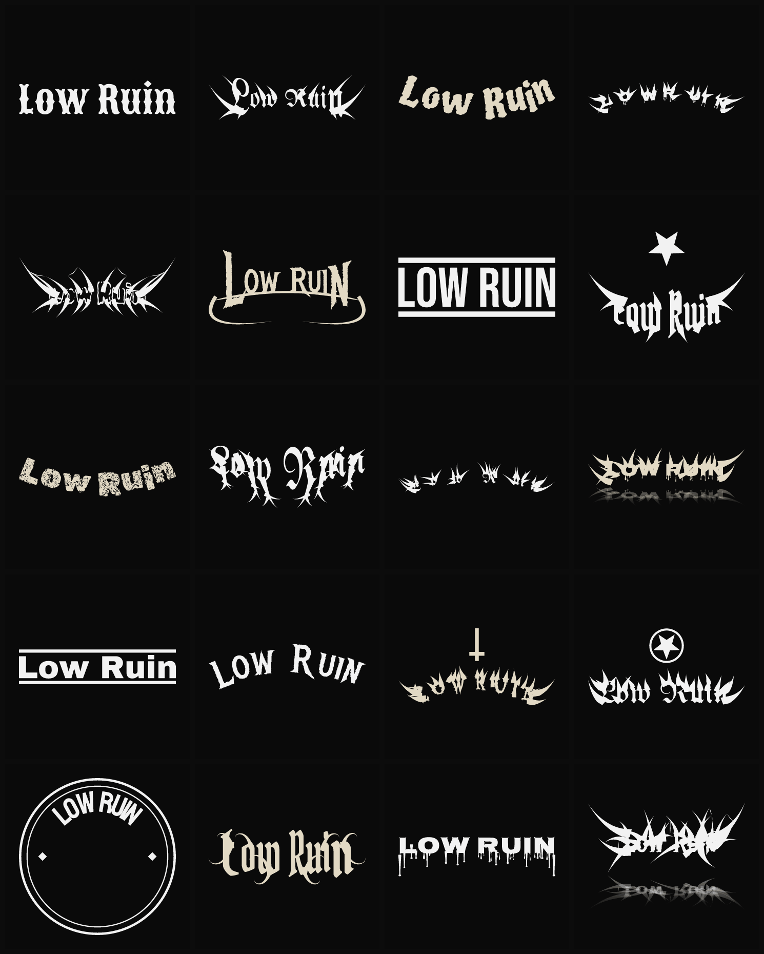 Twenty Low Ruin band logo ideas — different faces, treatments and spike settings